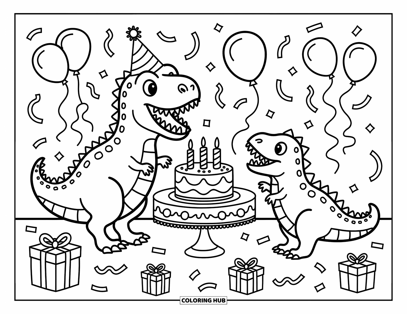 T-Rex Coloring Page for Adults: T-Rex wears a party hat and smiles at a cake with dino friends and balloons