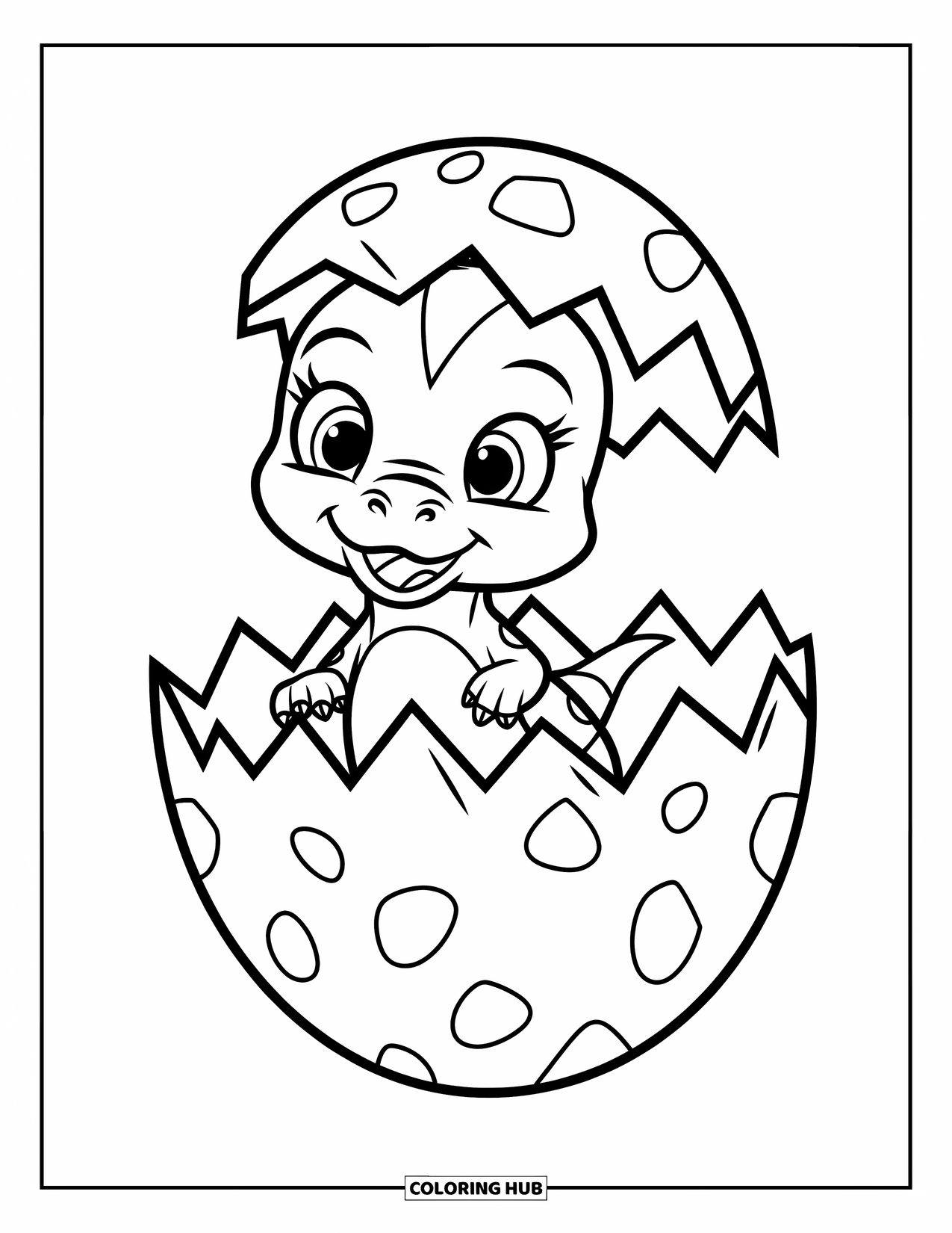 T-Rex Coloring Page for Kids: A baby T-Rex hatches from a spotted egg with bold, cheerful lines