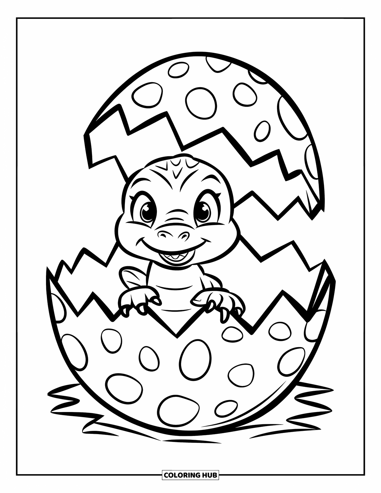 T-Rex Coloring Page for Kids: A baby T-Rex sits in a cracked egg with a big smile and simple background