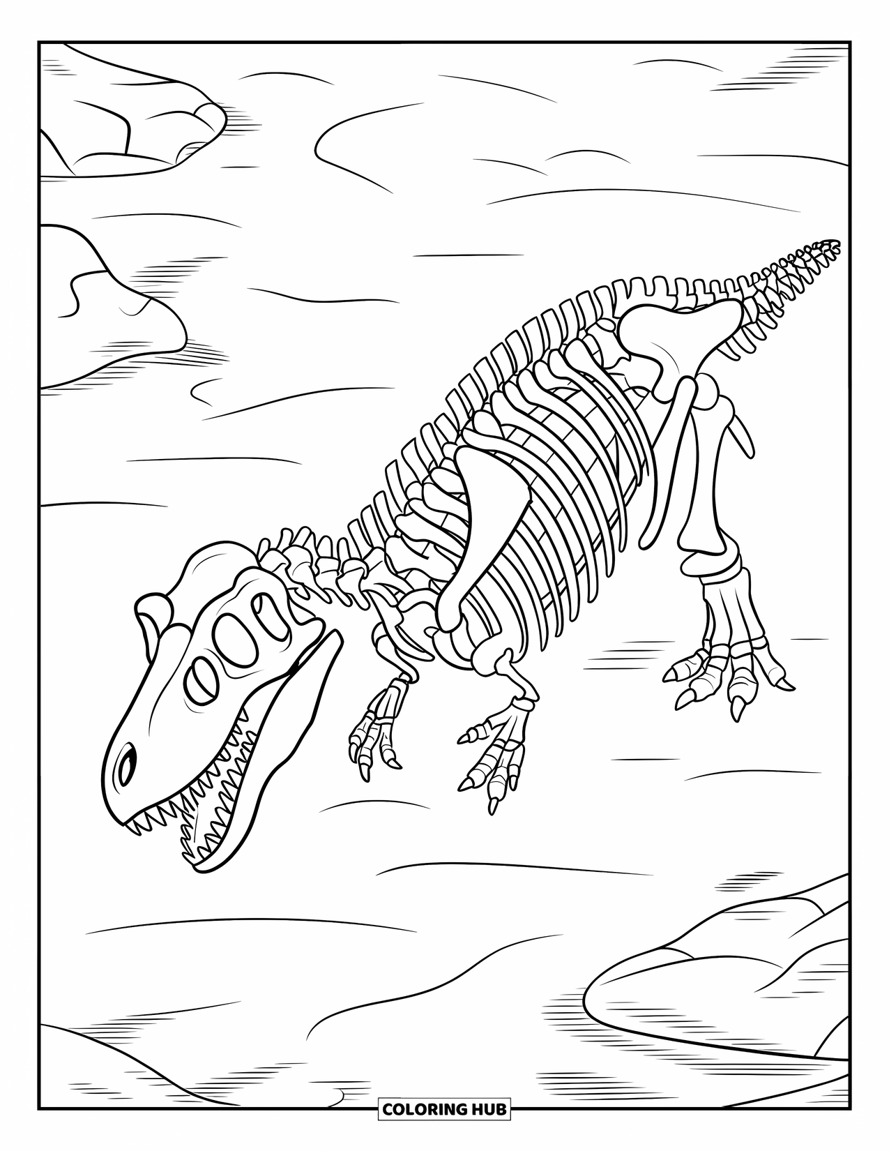 T-Rex Coloring Page for Kids: A buried T-Rex skeleton rests in a dry desert with cracked ground