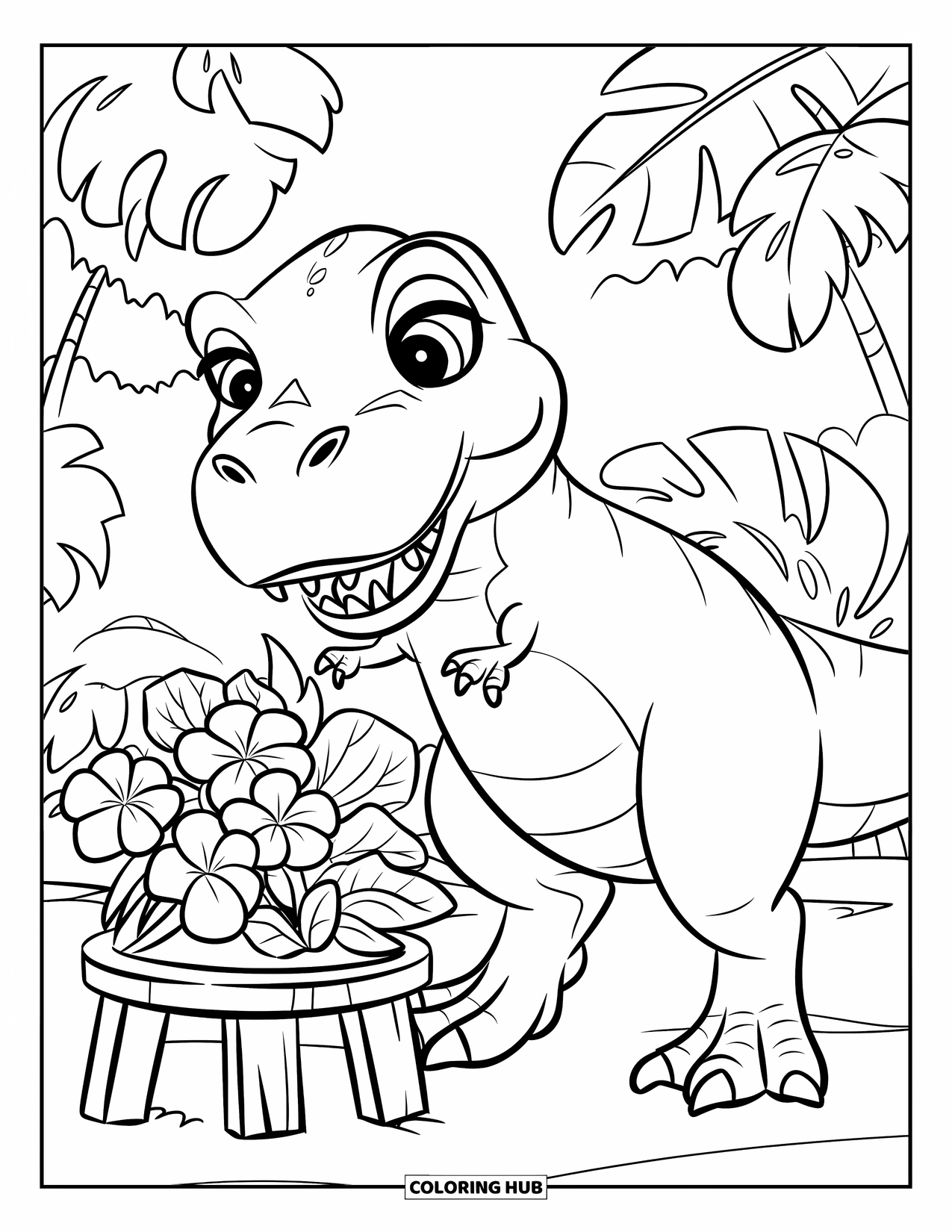 T-Rex Coloring Page for Kids: A cheerful T-Rex arranges tropical flowers on a wooden stand
