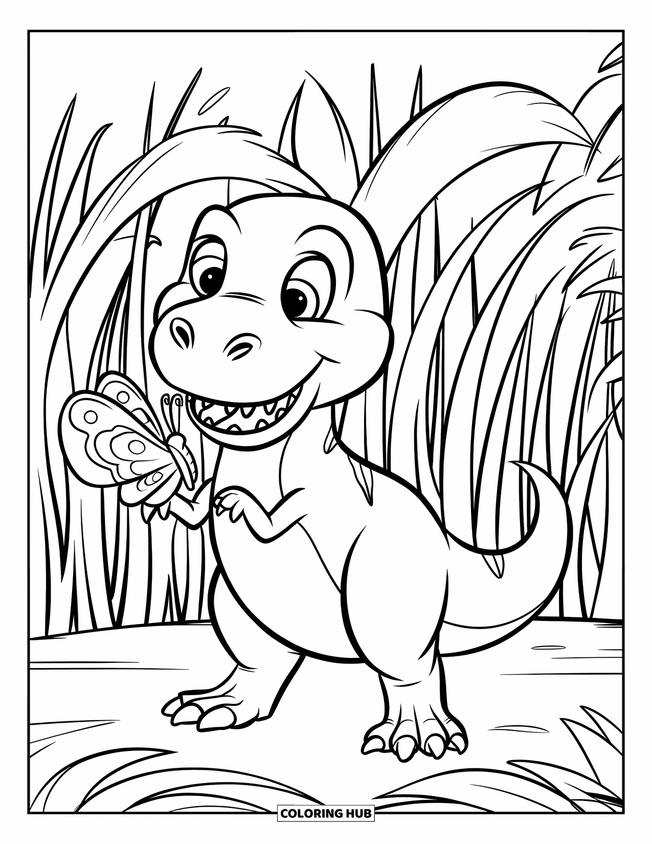 T-Rex Coloring Page for Kids: A cheerful T-Rex holds a butterfly by swaying ancient grass