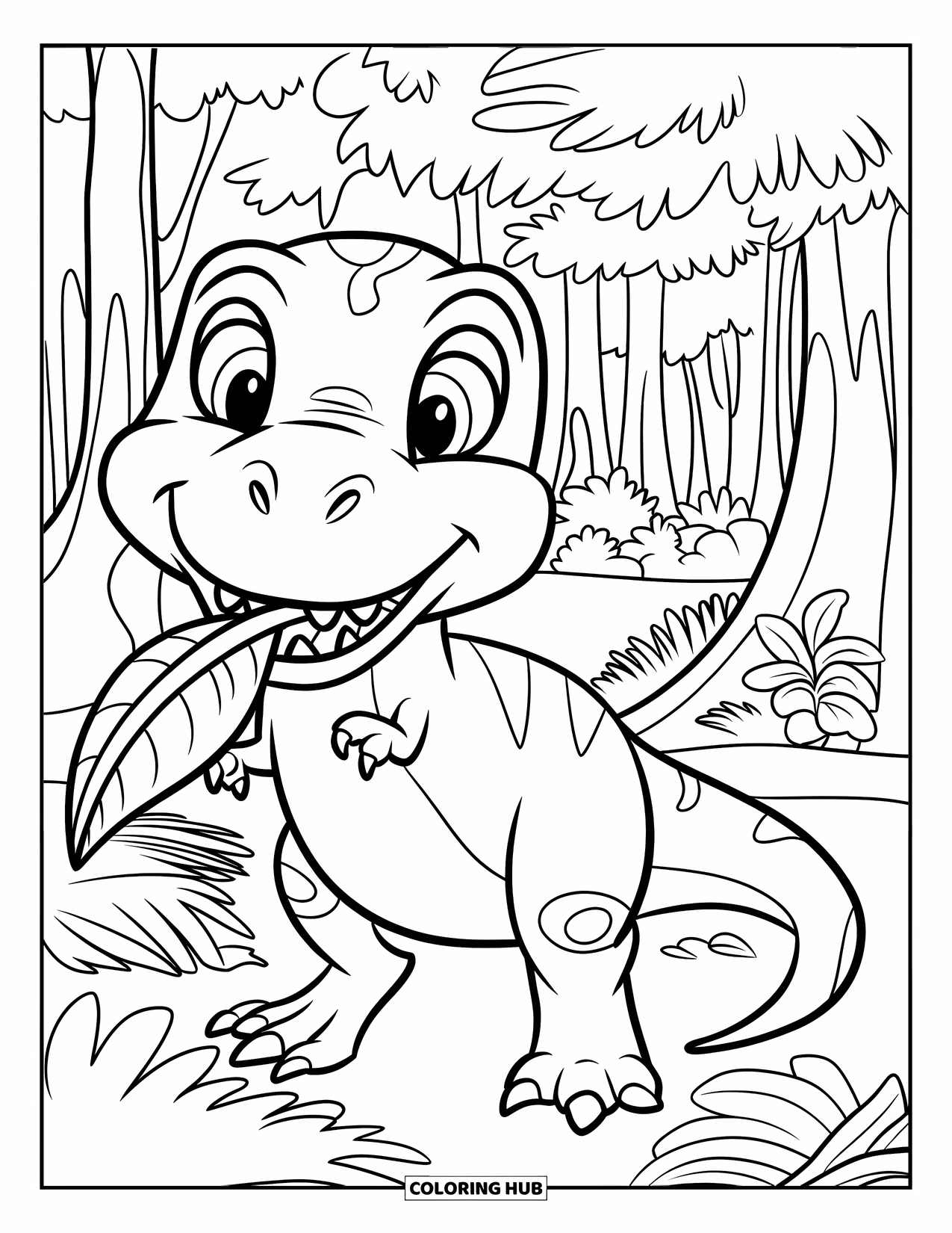 T-Rex Coloring Page for Kids: A cheerful T-Rex with big eyes holds a leaf near plants and trees