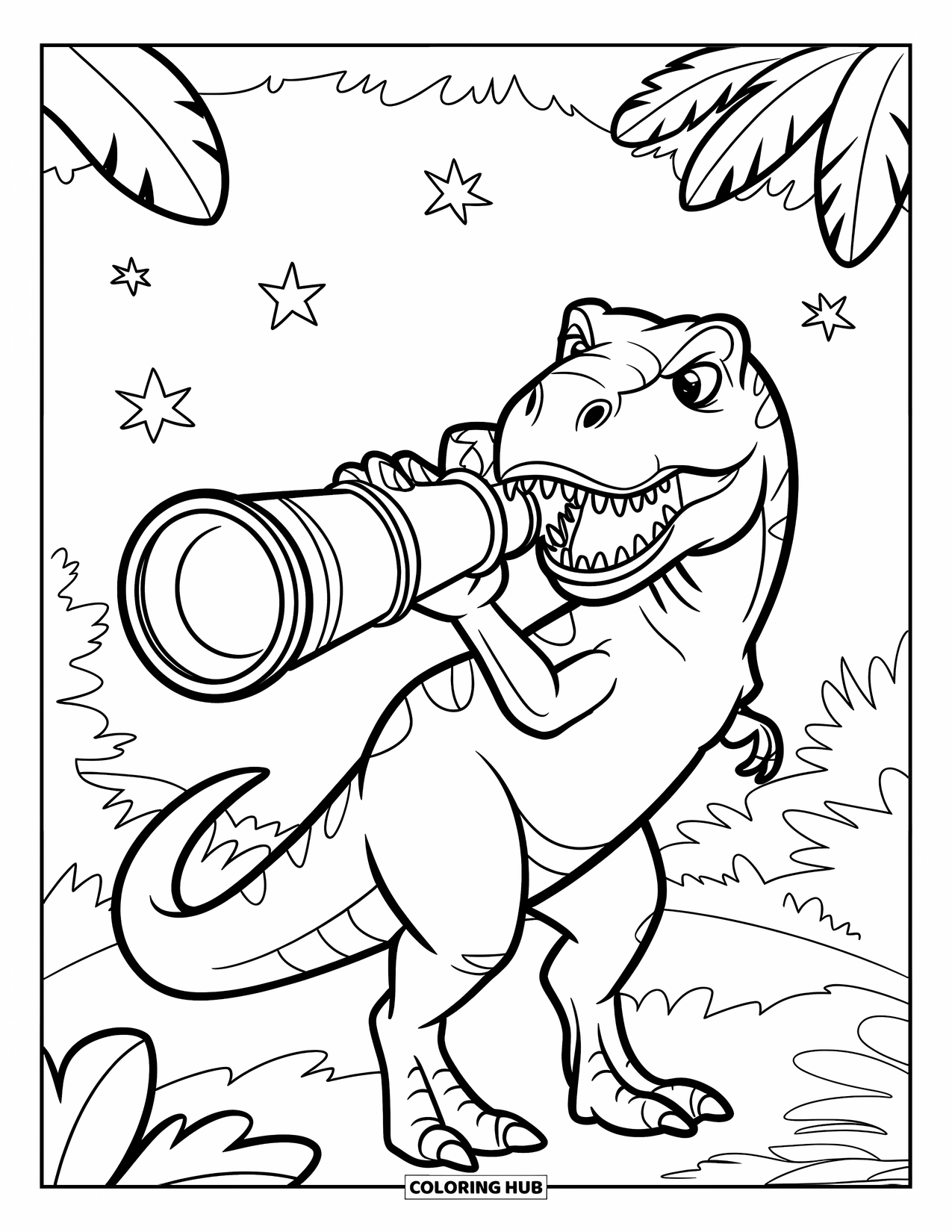 T-Rex Coloring Page for Kids: A curious T-Rex observes the stars with a leafy telescope in the forest