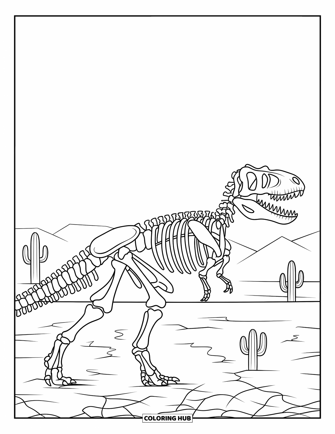 T-Rex Coloring Page for Kids: A dinosaur skeleton lies half-buried in a desert with cacti nearby