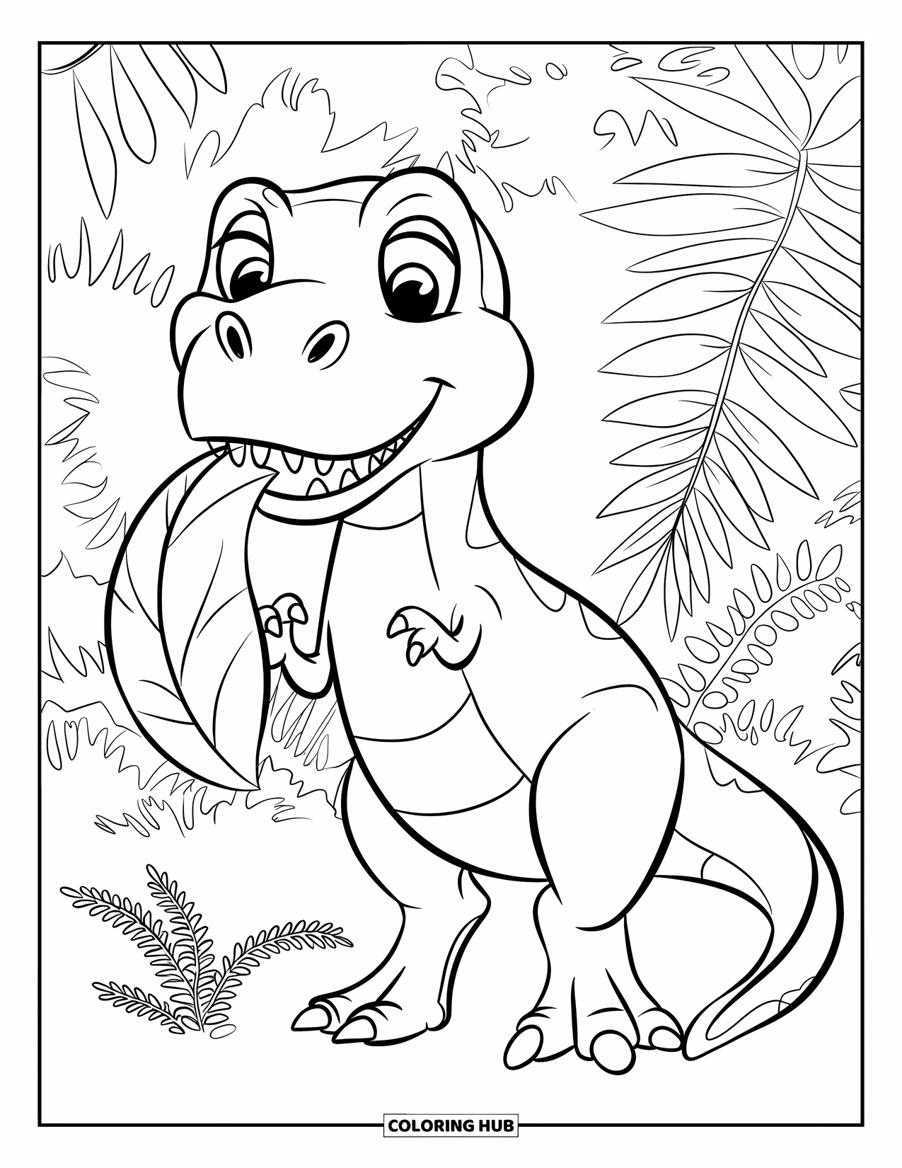 T-Rex Coloring Page for Kids: A happy T-Rex holds a big leaf near a tiny fern in the forest
