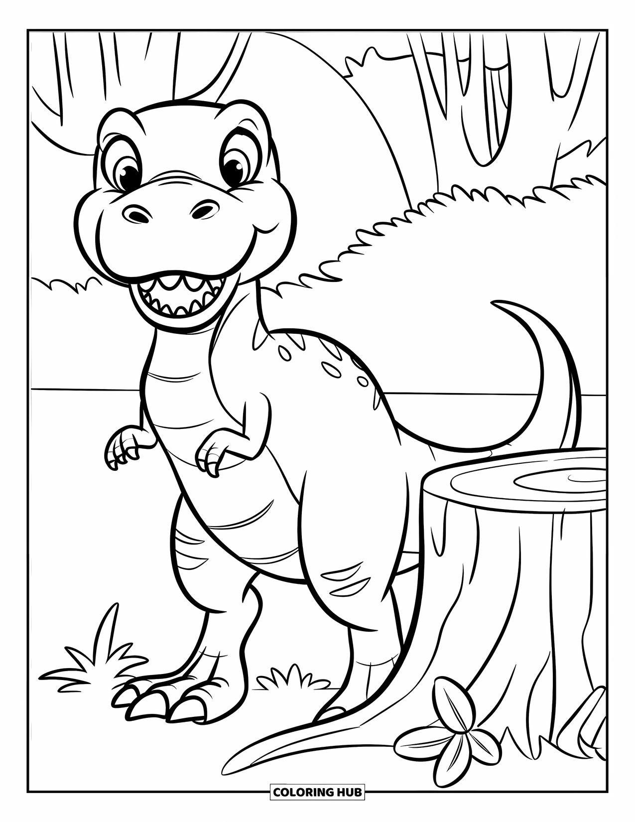 T-Rex Coloring Page for Kids: A happy T-Rex stands beside a tree stump with plants growing nearby