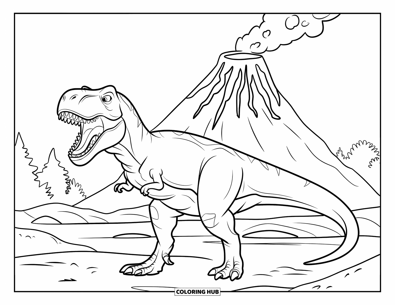 T-Rex Coloring Page for Kids: A loud T-Rex roars as smoke rises from a rocky volcano nearby