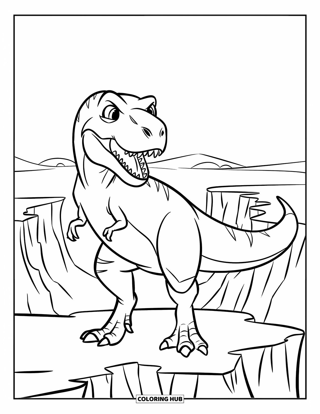 T-Rex Coloring Page for Kids: A roaring T-Rex watches over a canyon with distant hills