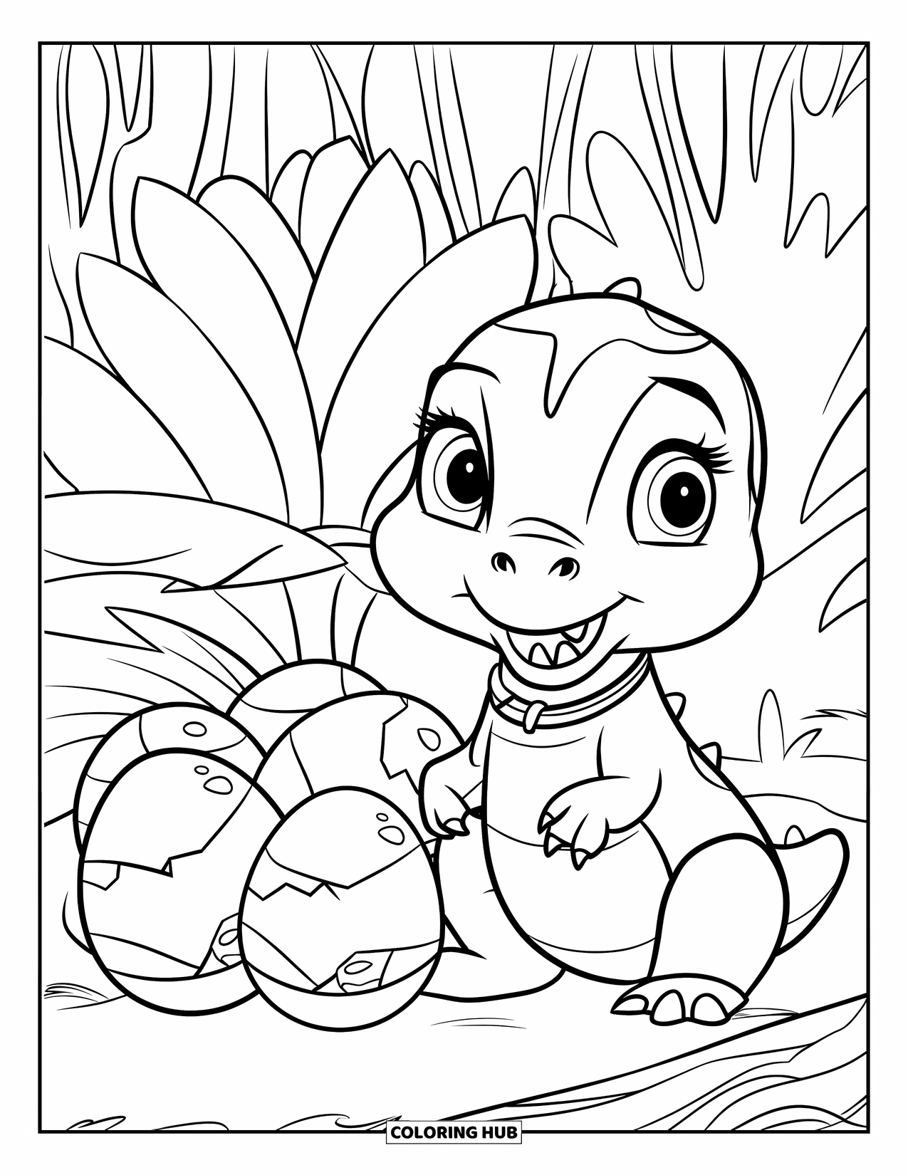 T-Rex Coloring Page for Kids: A smiling baby T-Rex with a collar sits near cracked dino eggs and tall plants