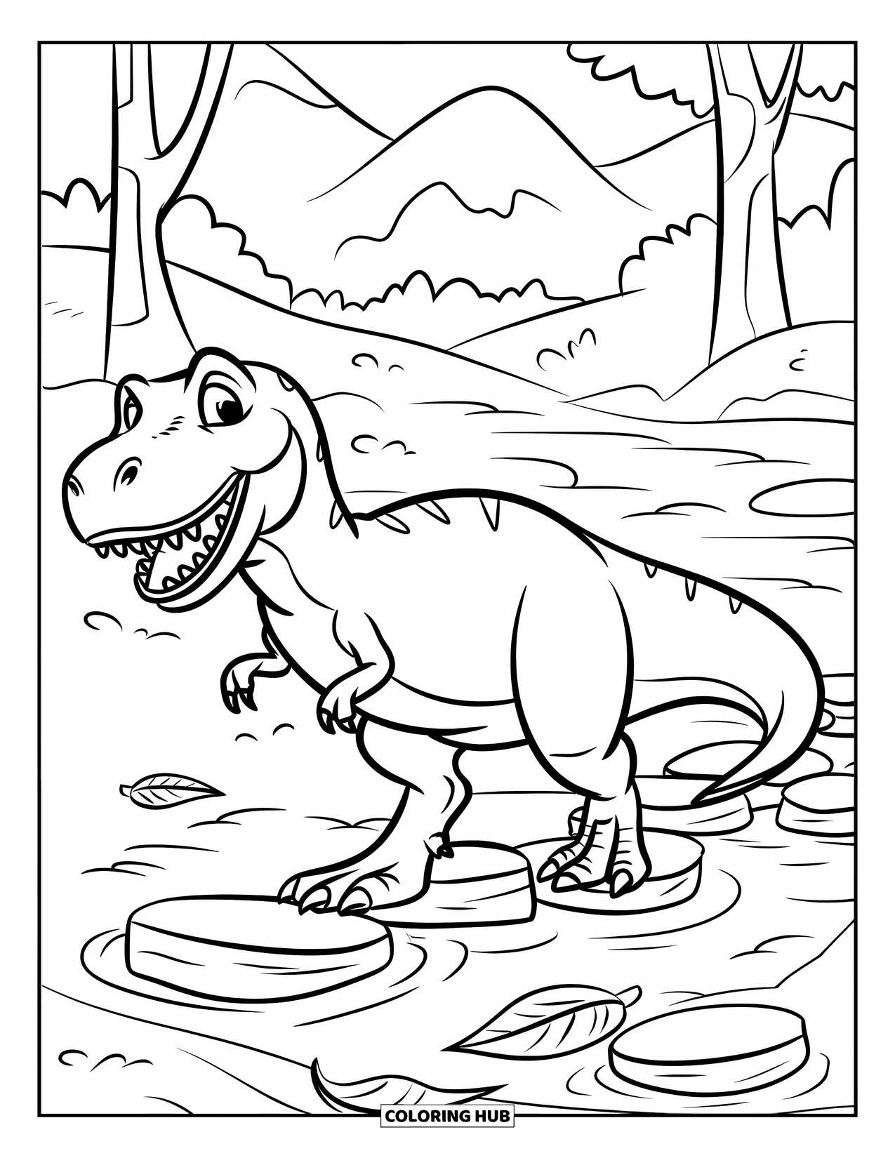T-Rex Coloring Page for Kids: A smiling T-Rex steps through a forest stream with rocks and leaves