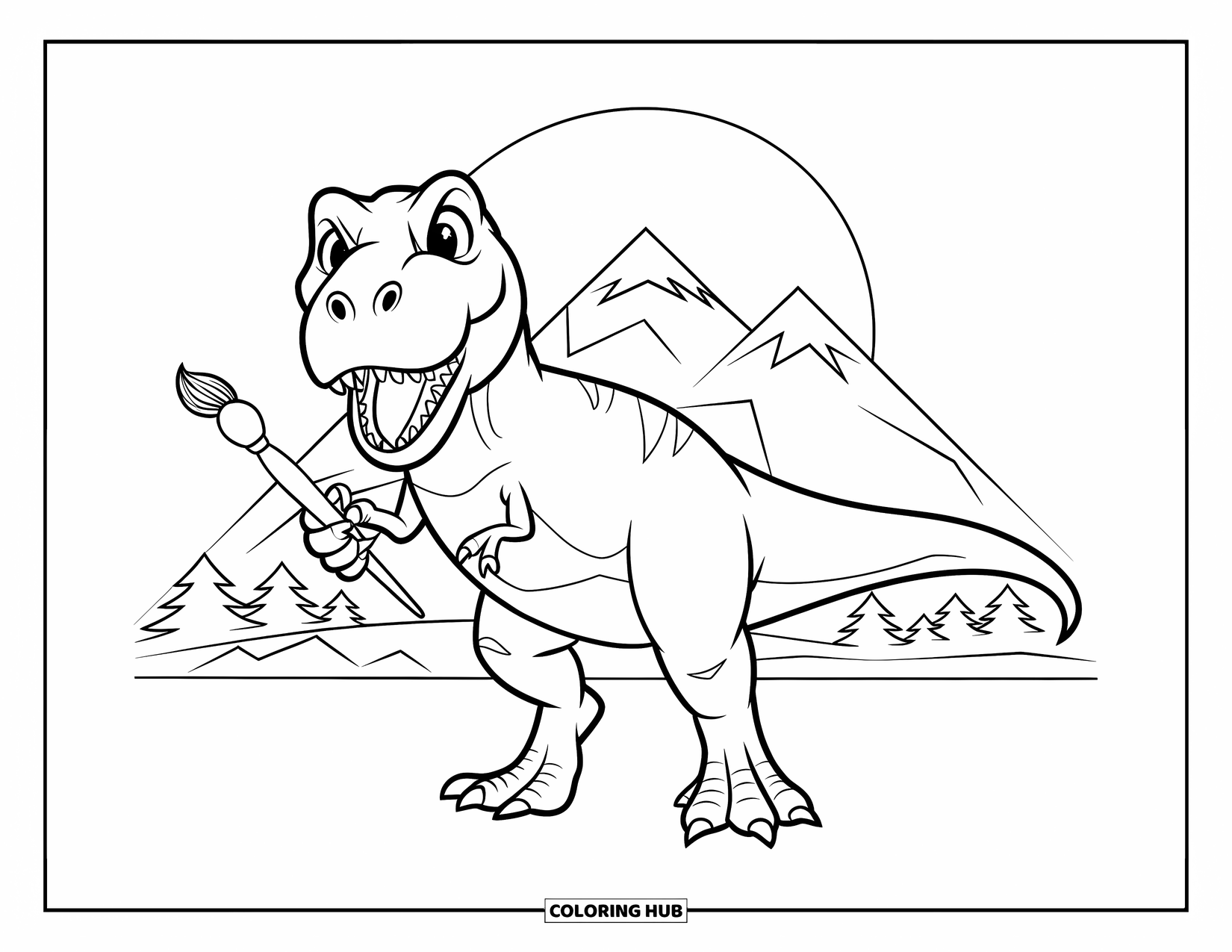 T-Rex Coloring Page for Kids: A T-Rex holds a paintbrush in front of mountains and a wide sky