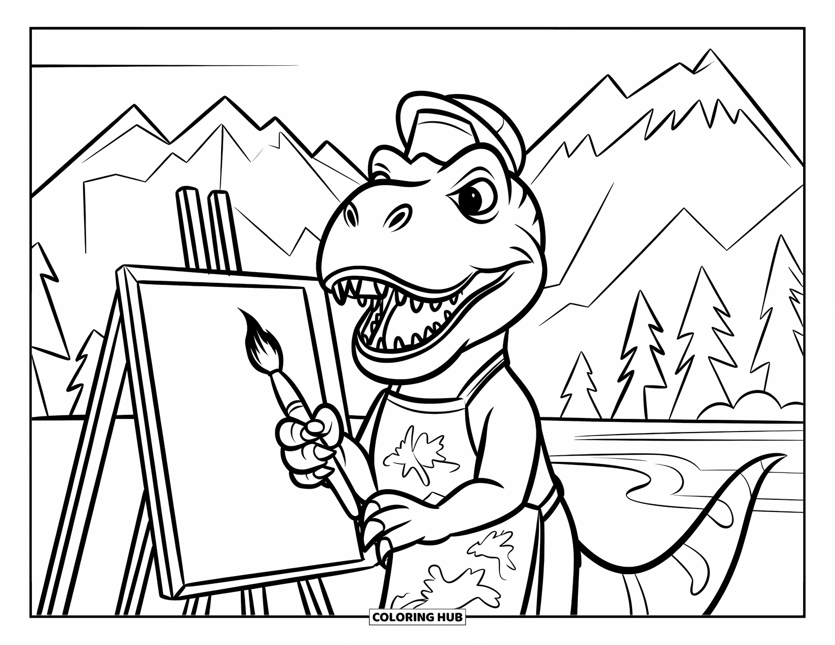 T-Rex Coloring Page for Kids: An artistic T-Rex in an apron paints happily near water and tall peaks