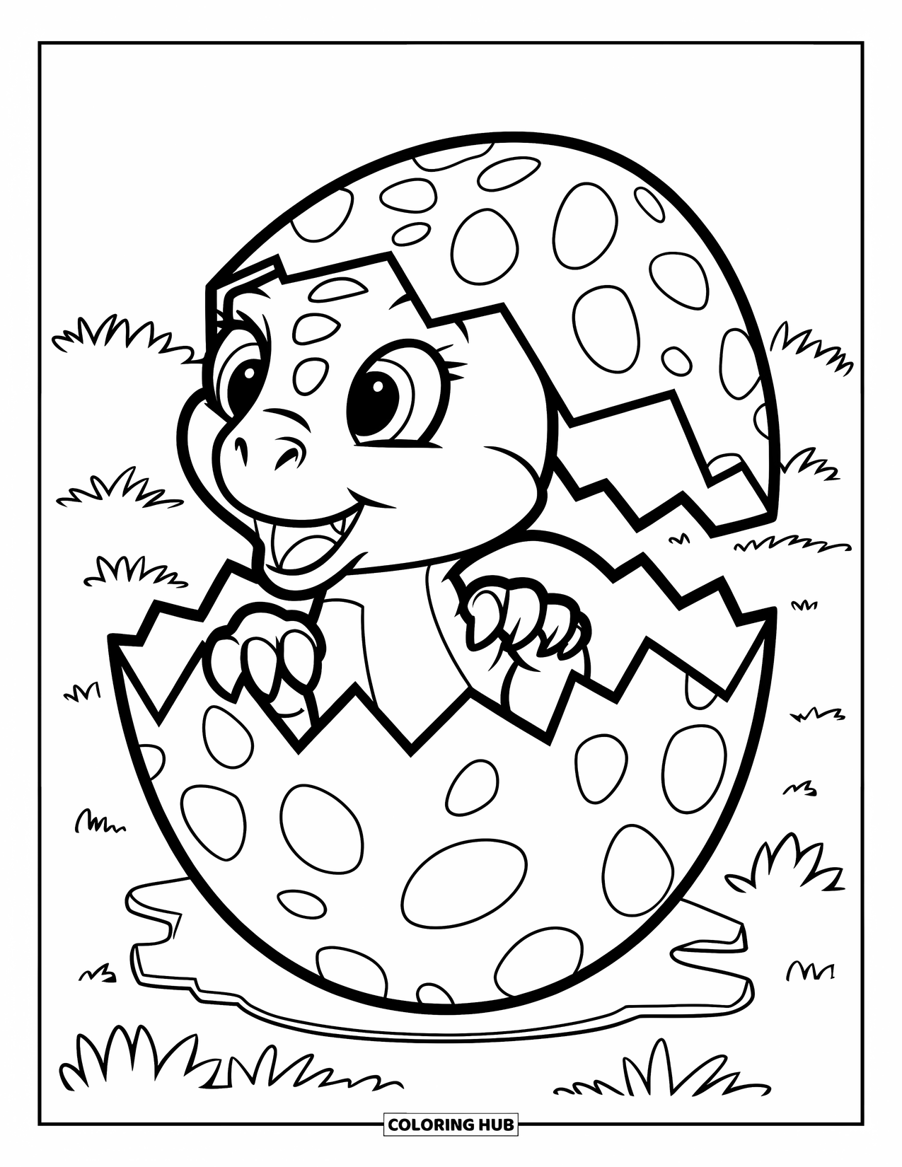 T-Rex Coloring Page for Kids: Baby T-Rex pops out of a spotted egg in a sunny green field