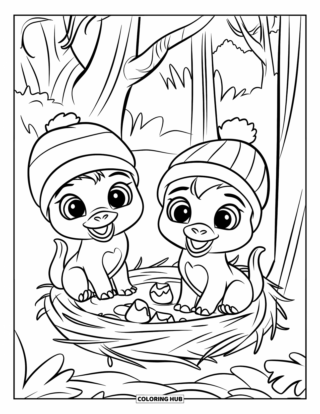 T-Rex Coloring Page for Kids: Cute baby T-Rexes sit near a nest in the trees with cracked eggs