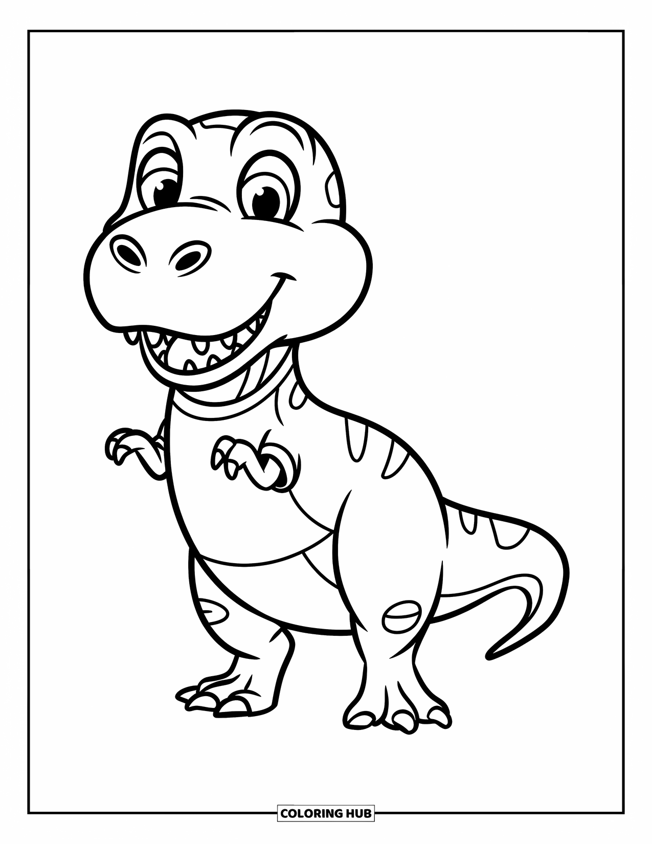 T-Rex Coloring Page for Kids: Cute T-Rex stands smiling on two legs with short arms and a happy vibe