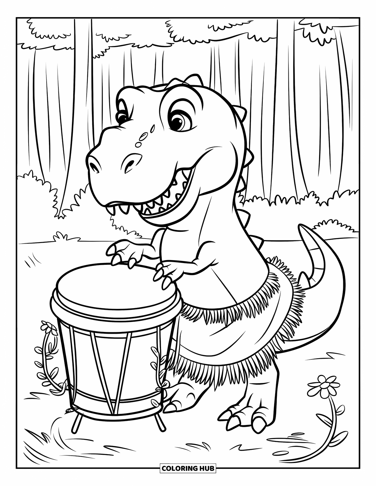 T-Rex Coloring Page for Kids: Drumming T-Rex plays bongos among vines and tall tropical trees