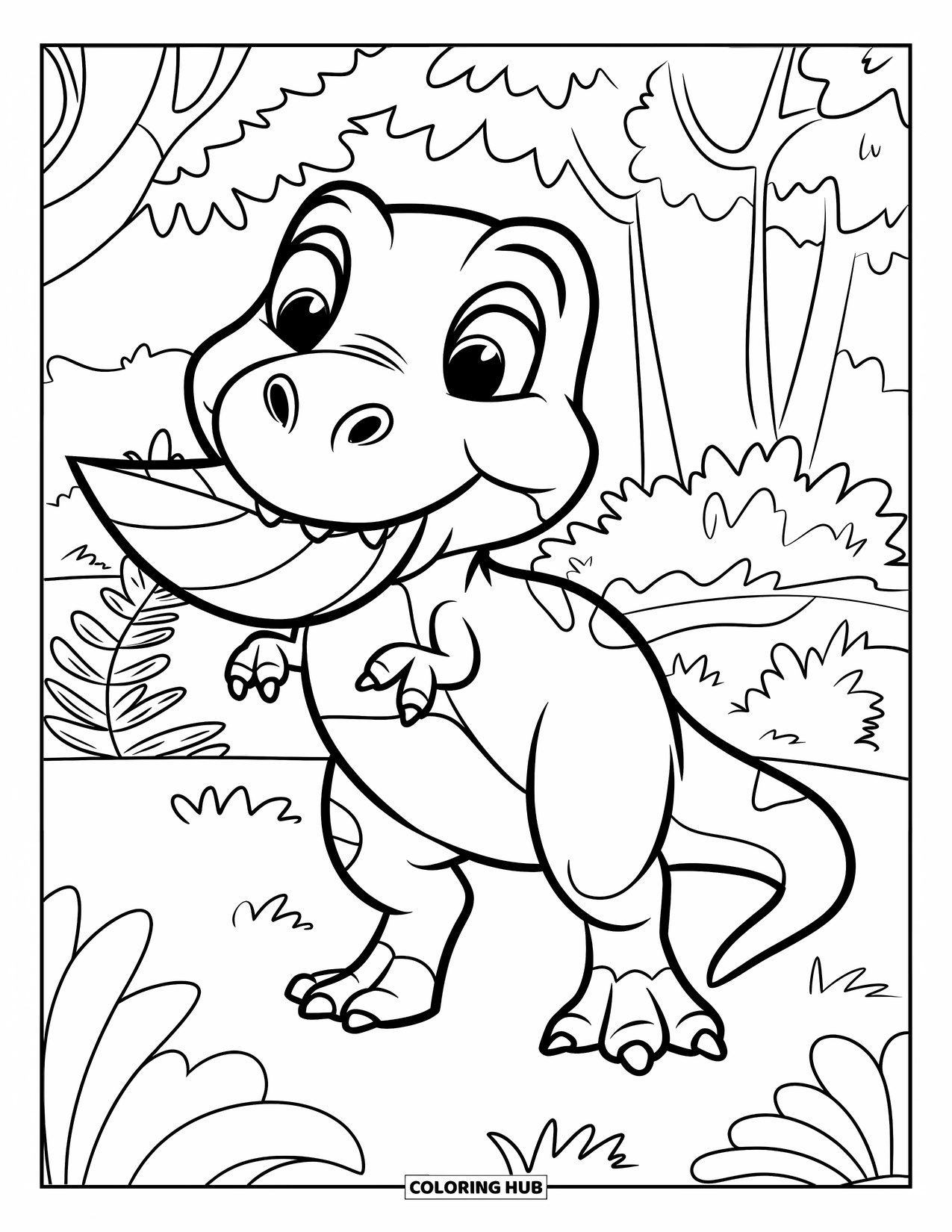T-Rex Coloring Page for Kids: Smiling T-Rex stands on grass with a big leaf in its mouth near ferns