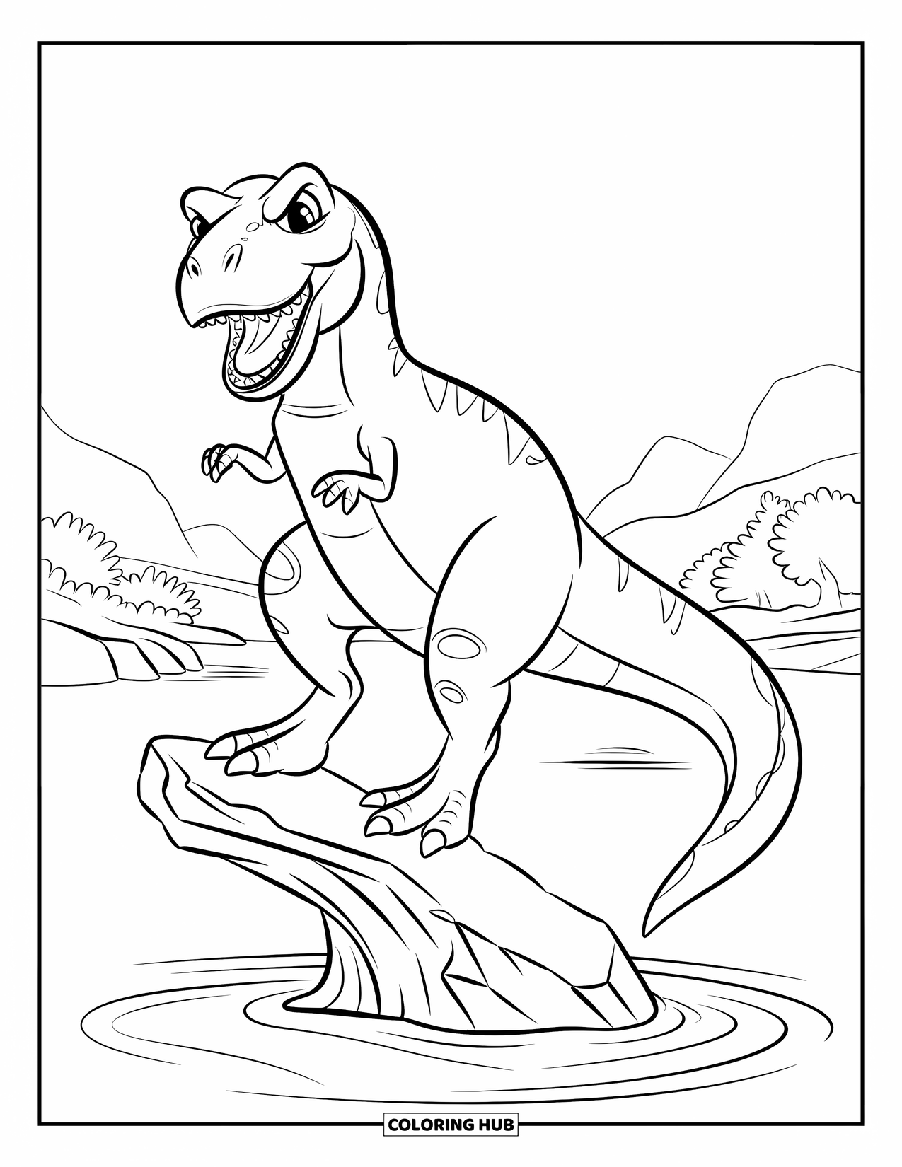 T-Rex Coloring Page for Kids: T-Rex balances on a wave-shaped rock slab above water