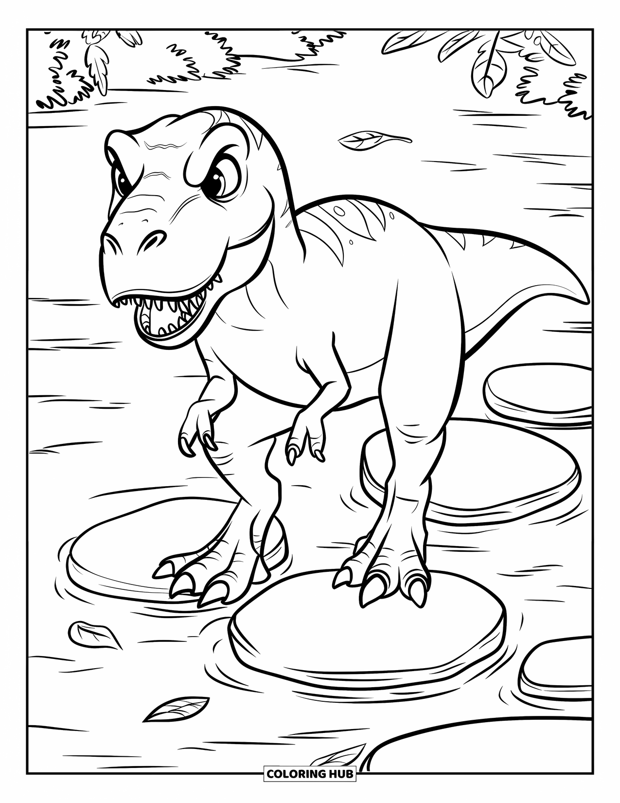 T-Rex Coloring Page for Kids: T-Rex crosses a stream on stepping stones with leaves floating around