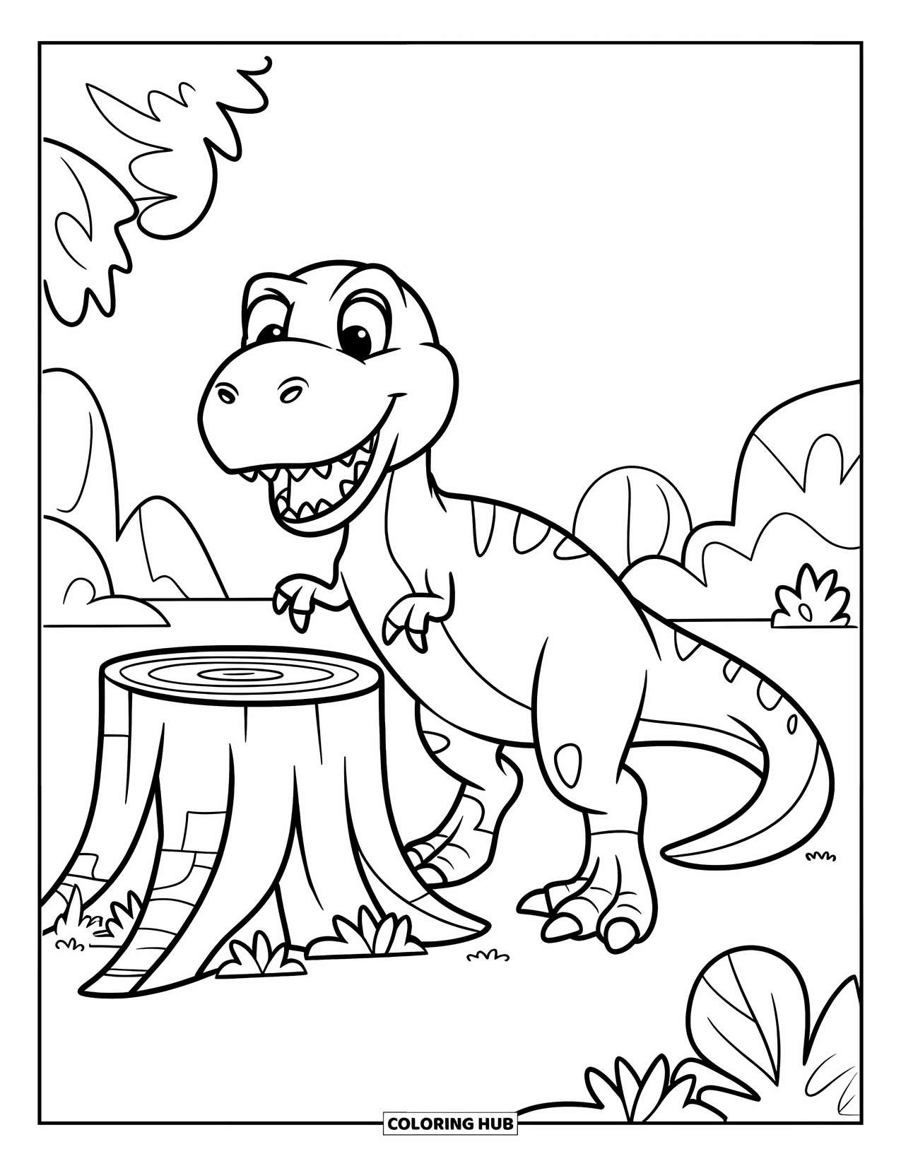 T-Rex Coloring Page for Kids: T-Rex grins beside a tree stump with scattered leaves and rocks