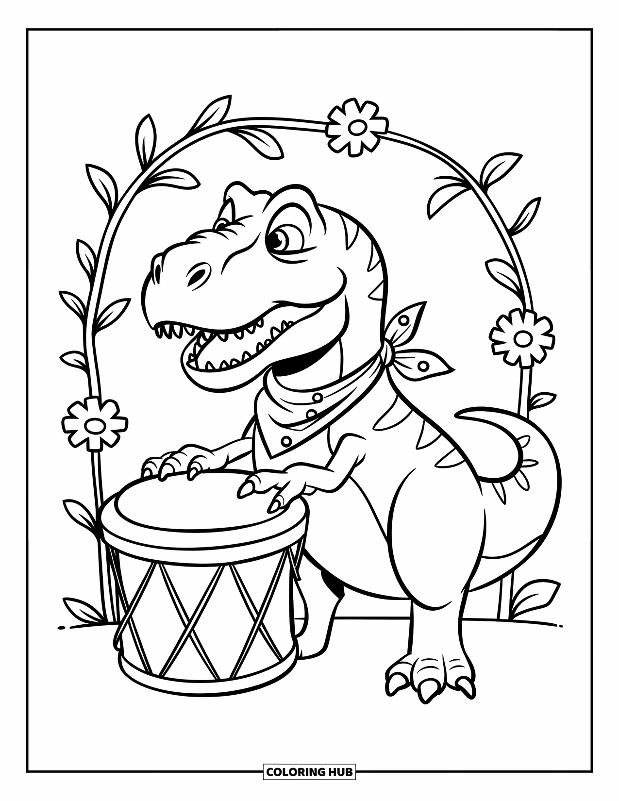 T-Rex Coloring Page for Kids: T-Rex in a bandana taps a drum with jungle plants all around