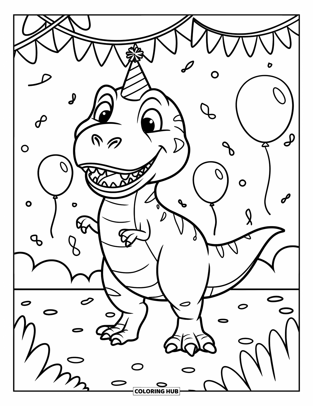 T-Rex Coloring Page for Kids: T-Rex in a party hat smiles among balloons and streamers in a festive space
