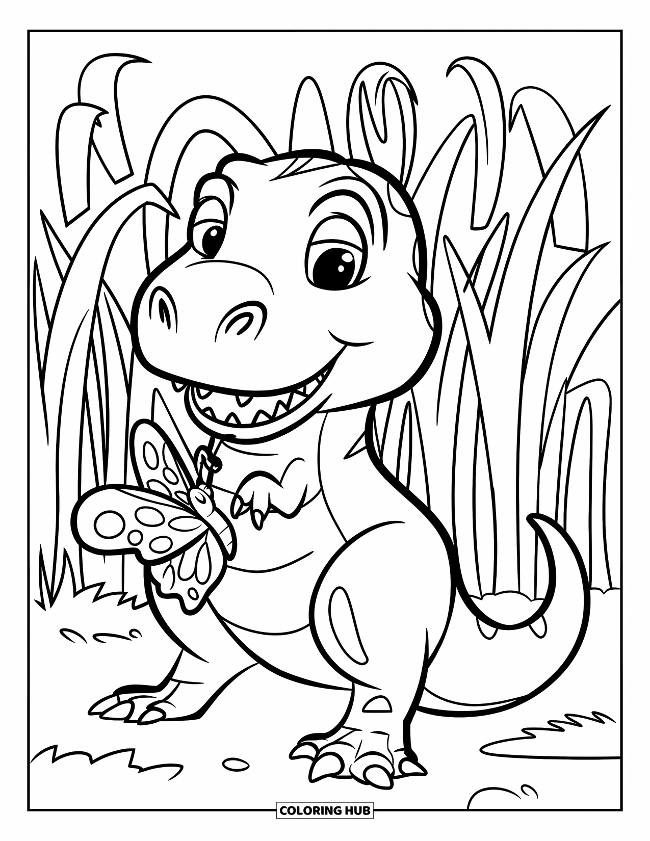T-Rex Coloring Page for Kids: T-Rex joyfully holds a butterfly in its feet by tall grass