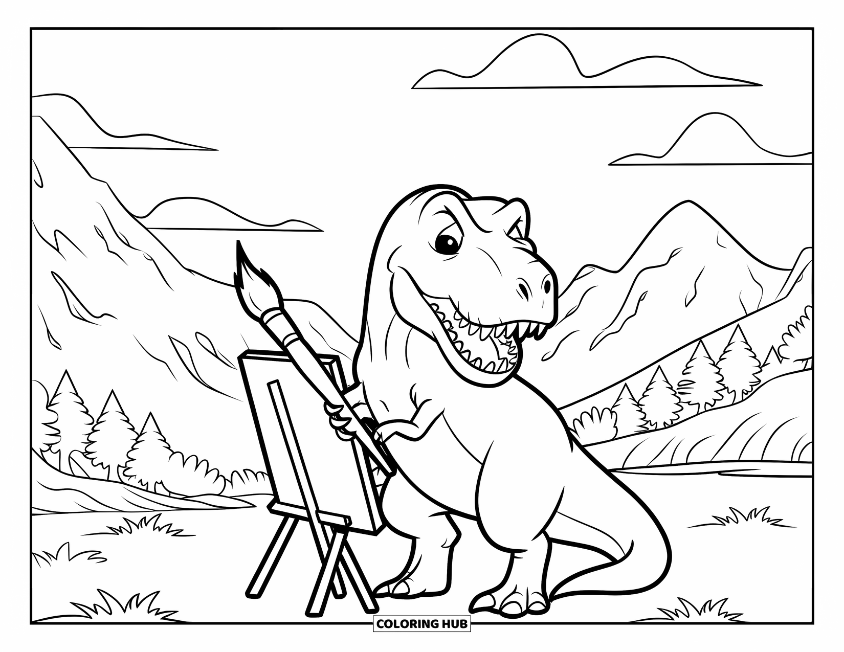 T-Rex Coloring Page for Kids: T-Rex paints with joy in front of trees, mountains, and fluffy clouds