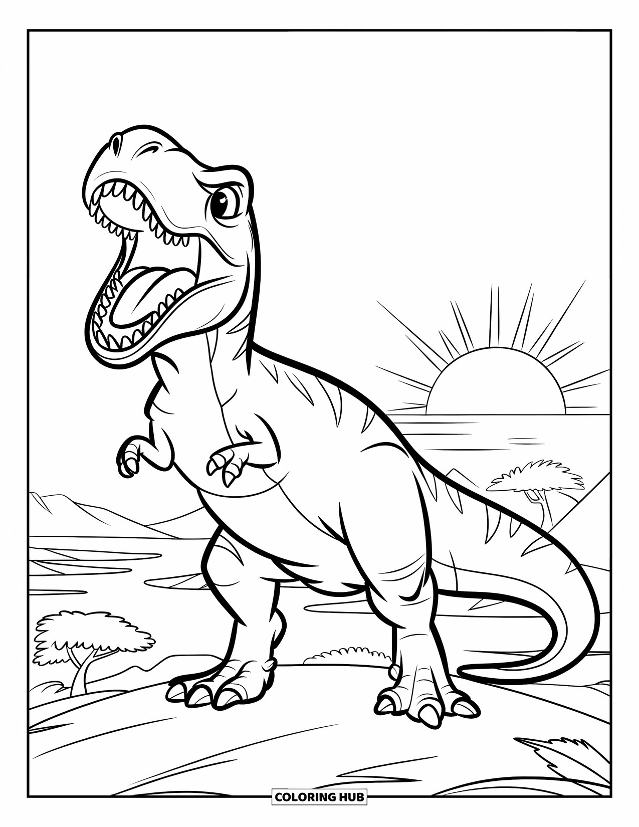 T-Rex Coloring Page for Kids: T-Rex roars on a hilltop as the sun lights up the sky