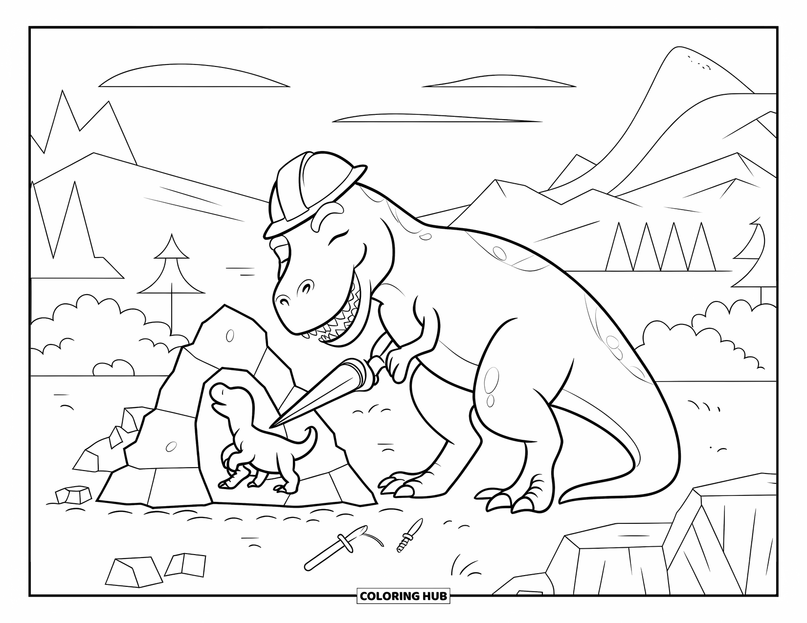 T-Rex Coloring Page for Kids: T-Rex sculpts a statue in a calm landscape with tools scattered around