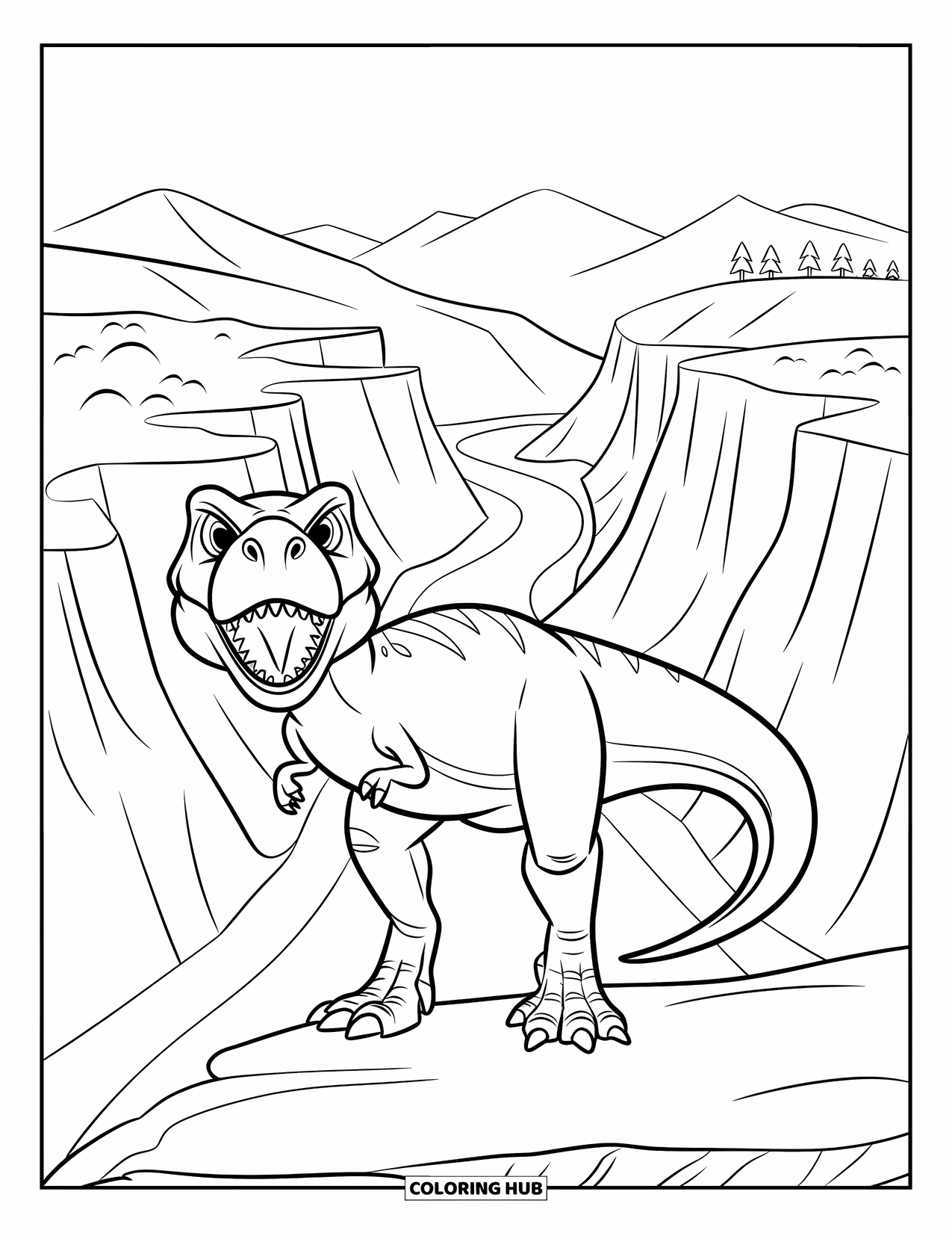 T-Rex Coloring Page for Kids: T-Rex shows sharp teeth while standing near steep canyon cliffs