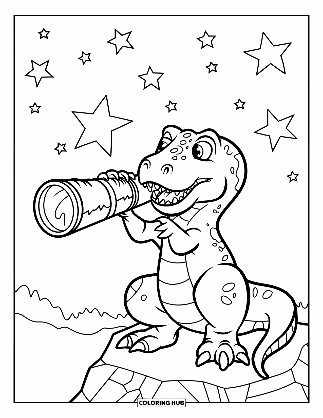 T-Rex Coloring Page for Kids: T-Rex sits on a rock, smiling while peeking at stars through a telescope