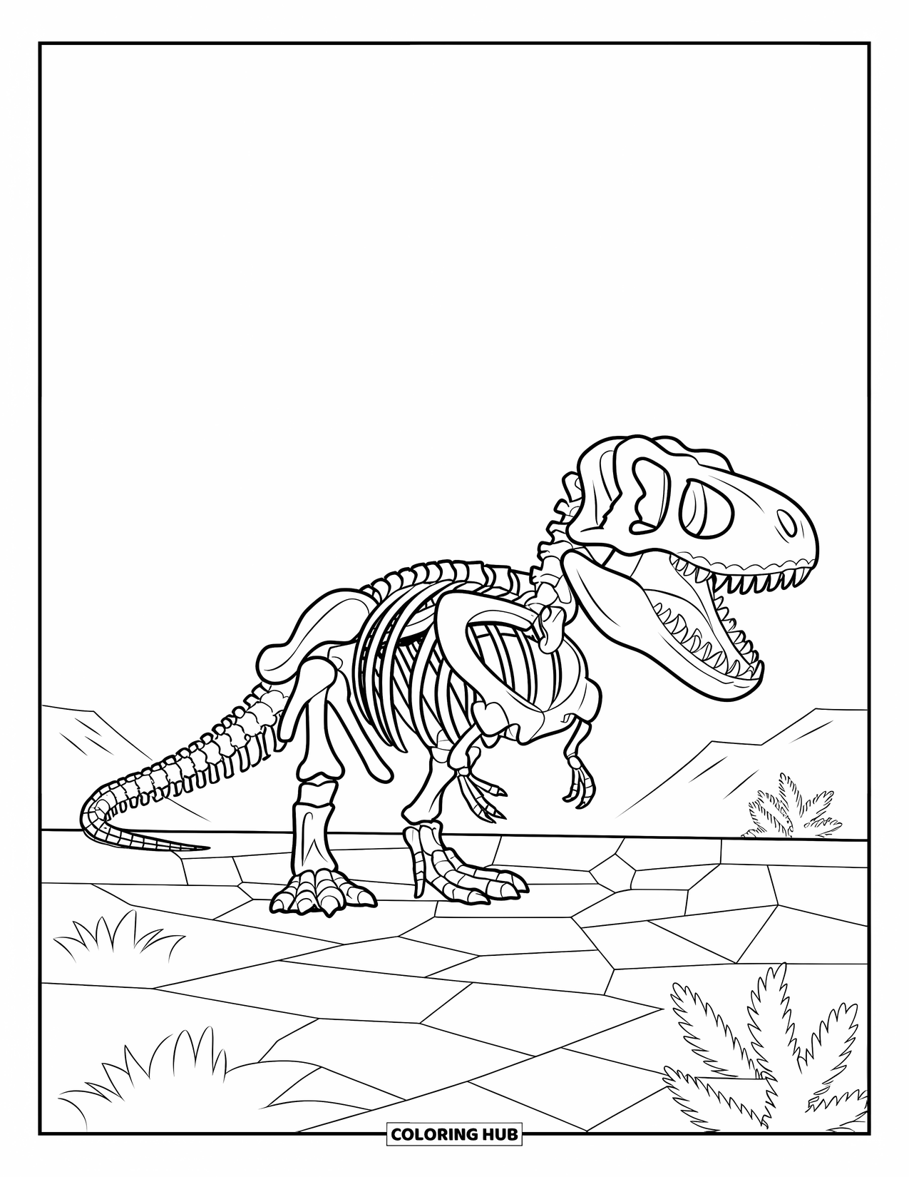T-Rex Coloring Page for Kids: T-Rex skeleton sits in the desert with a few plants and distant hills