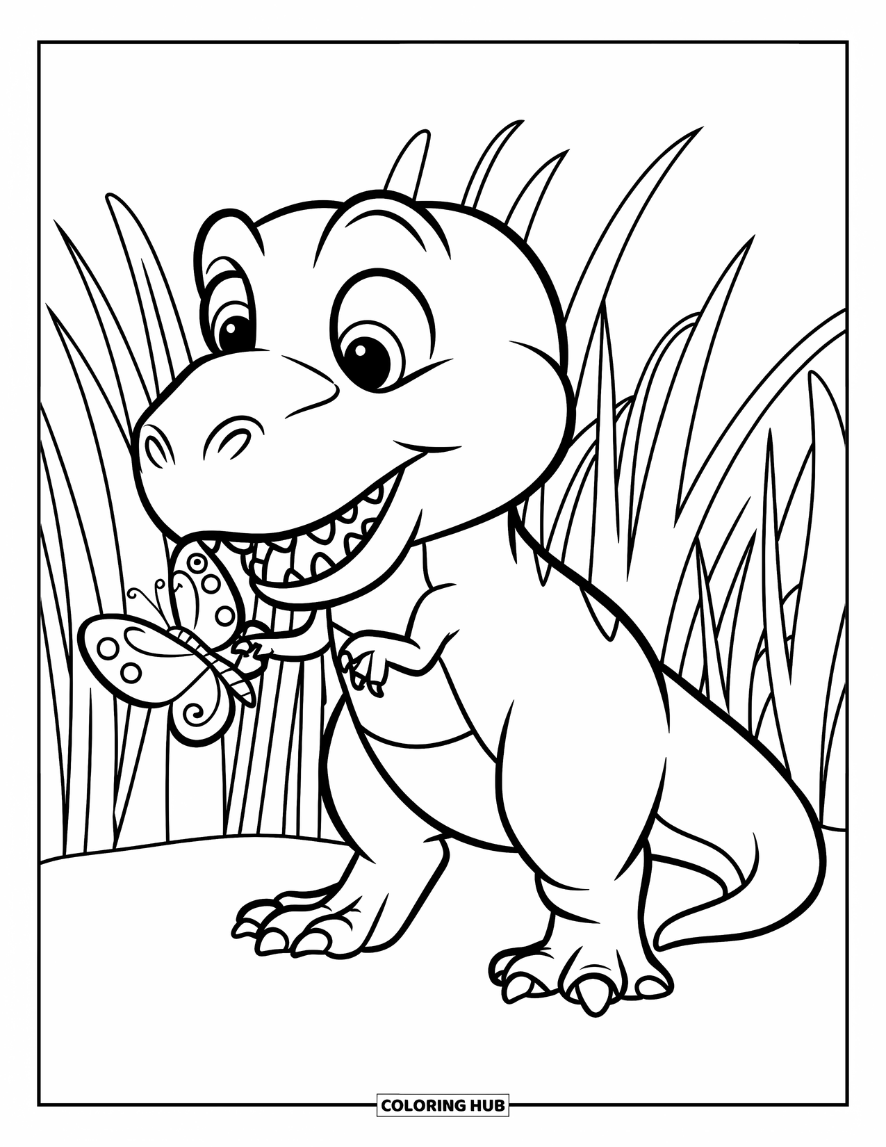T-Rex Coloring Page for Kids: T-Rex smiles while playing with a butterfly in a grassy field