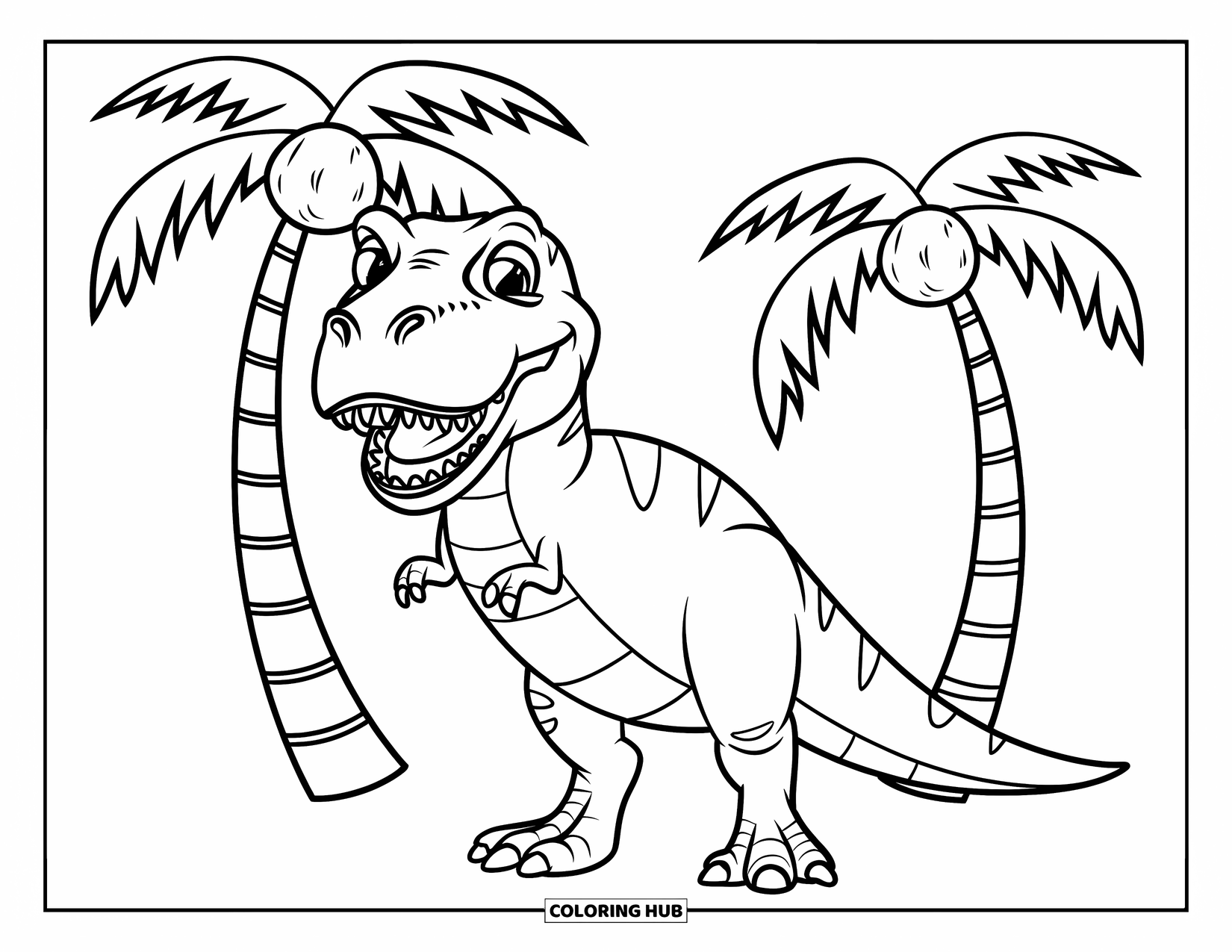 T-Rex Coloring Page for Kids: T-Rex smiles wide between two palm trees on sandy ground