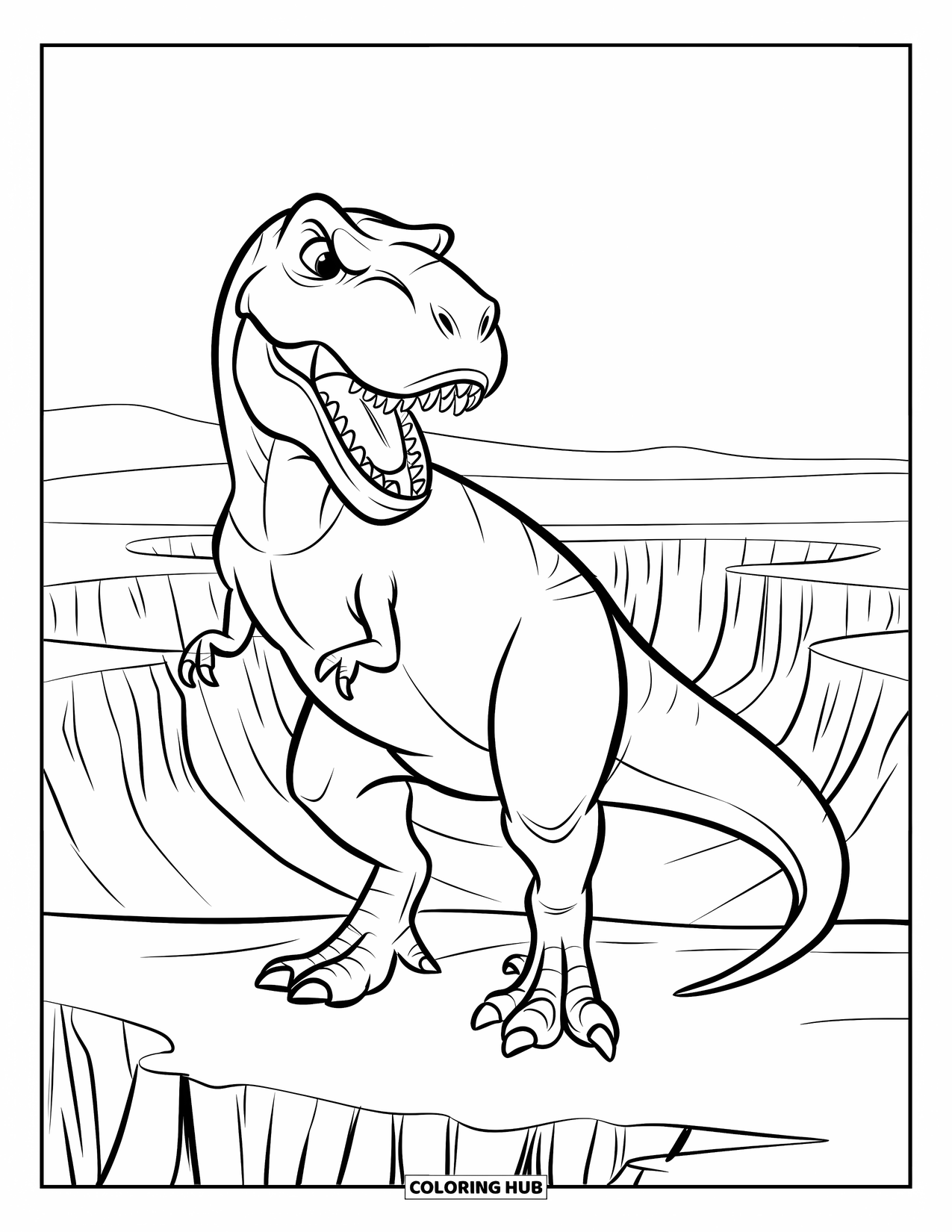 T-Rex Coloring Page for Kids: T-Rex stands alert at the canyon's edge with its mouth wide open