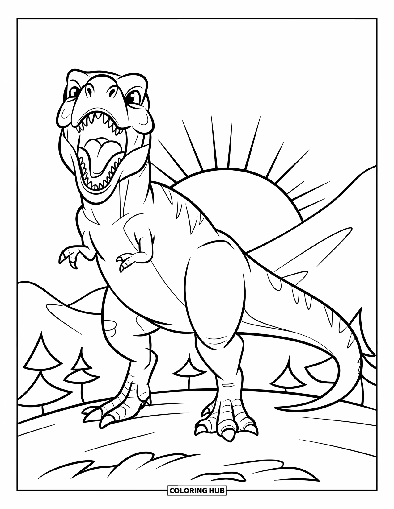 T-Rex Coloring Page for Kids: T-Rex stands on a hilltop with the sun rising behind it