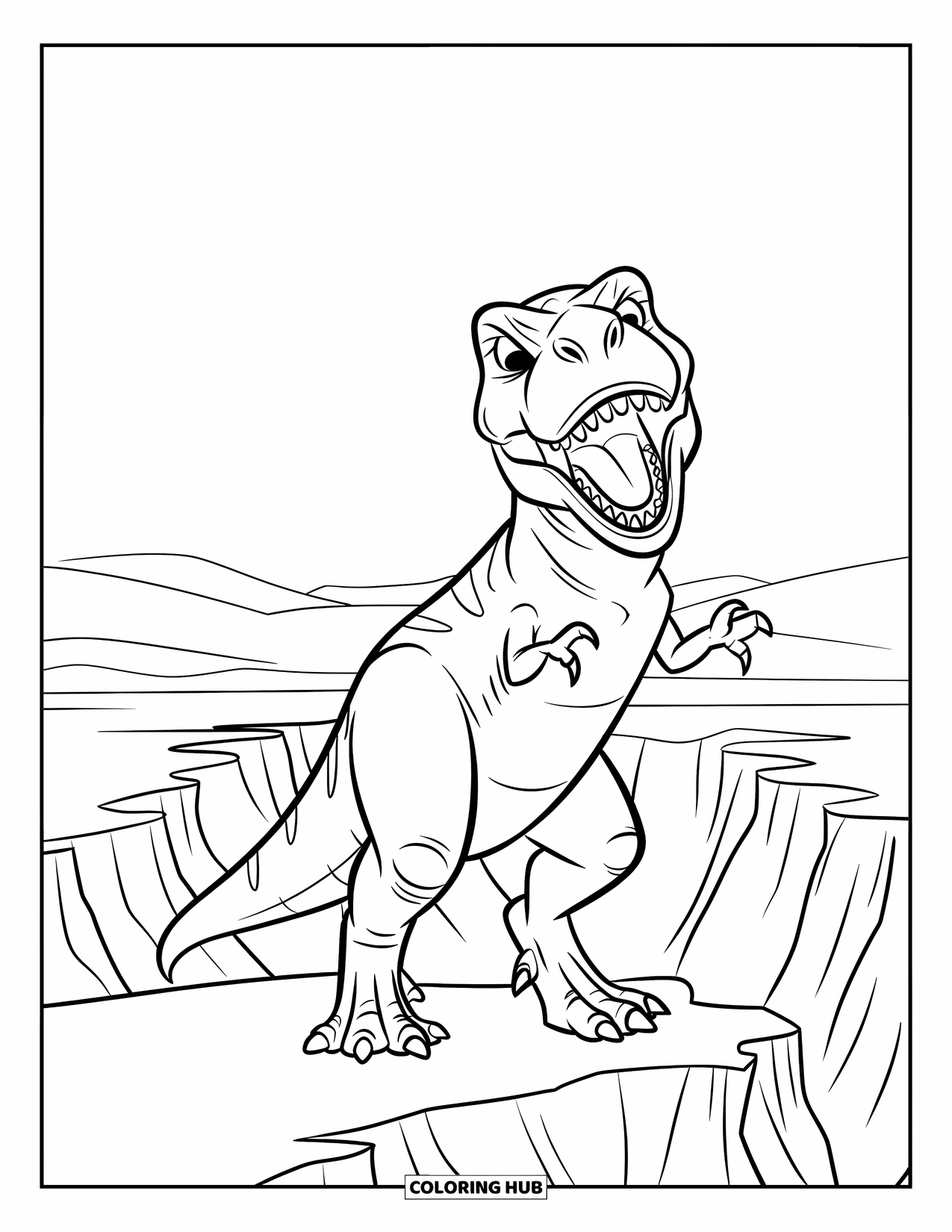T-Rex Coloring Page for Kids: T-Rex stands tall at a canyon edge, arms outstretched and sky behind