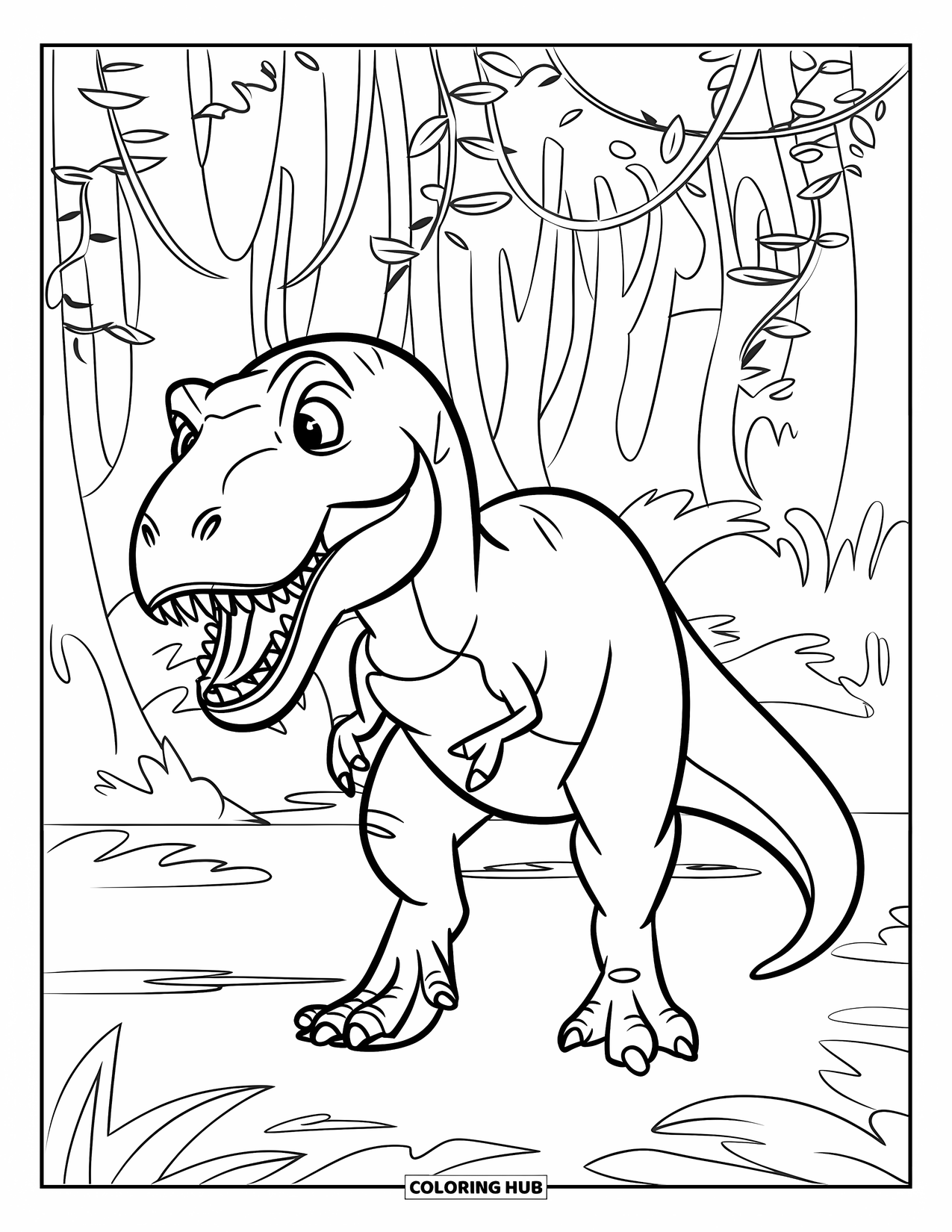 T-Rex Coloring Page for Kids: T-Rex strolls through a thick jungle full of hanging vines