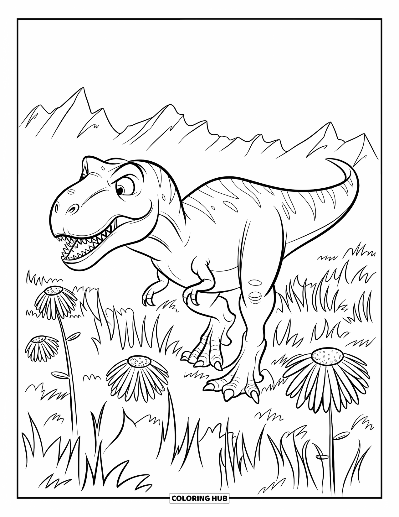 T-Rex Coloring Page for Kids: T-Rex tiptoes through a field of ancient flowers and grasses
