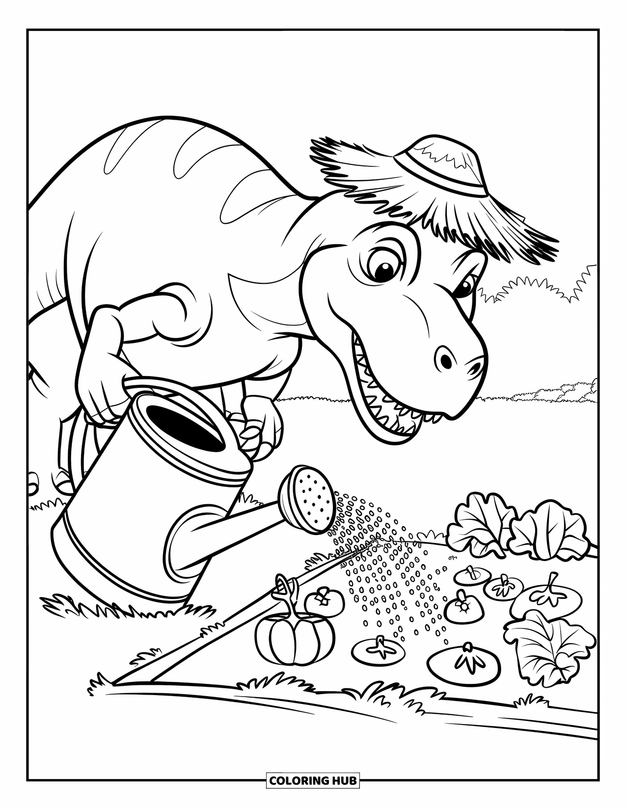 T-Rex Coloring Page for Kids: T-Rex waters prehistoric veggies with a stone can in a grassy field