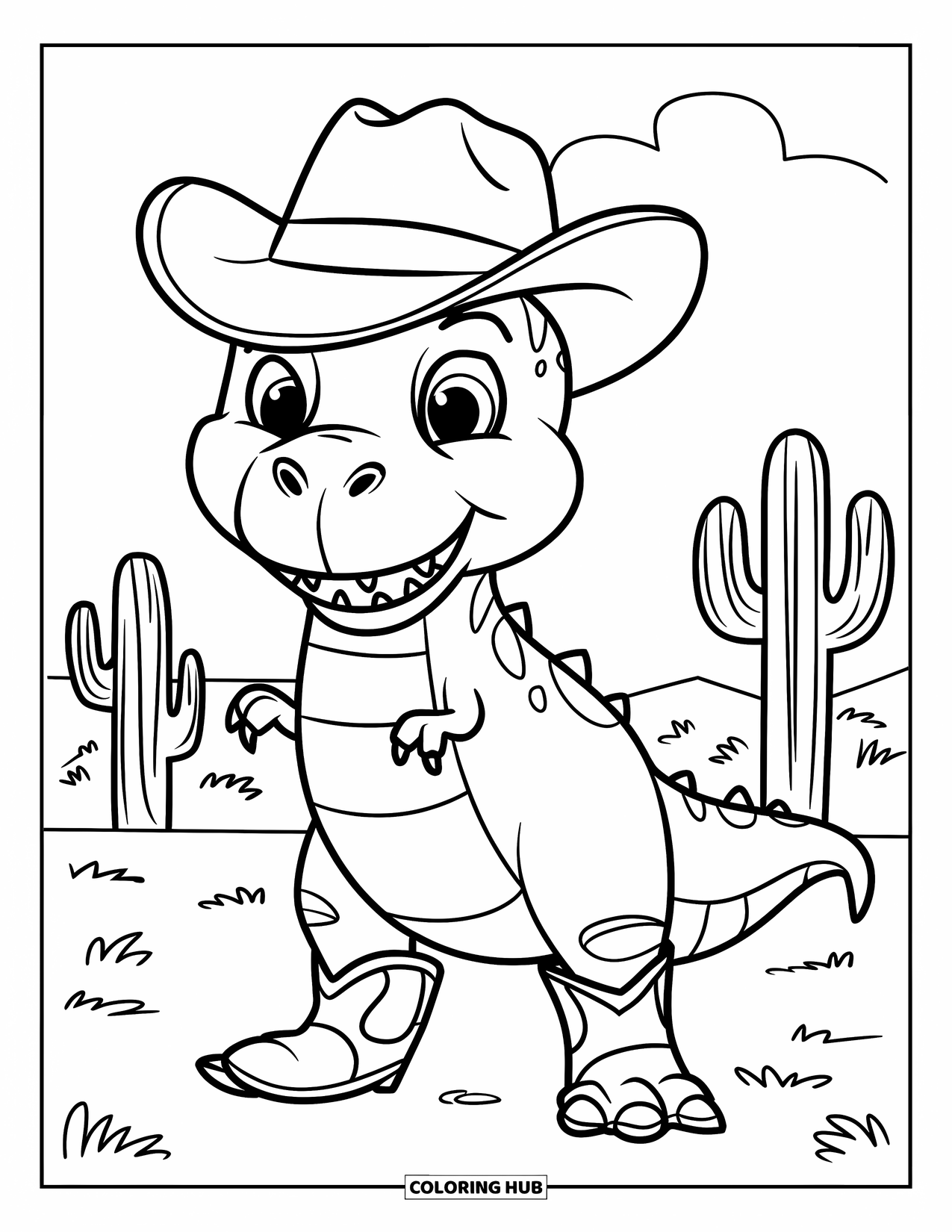 T-Rex Coloring Page for Kids: T-Rex wears a cowboy hat and boots, smiling in a prairie with cacti