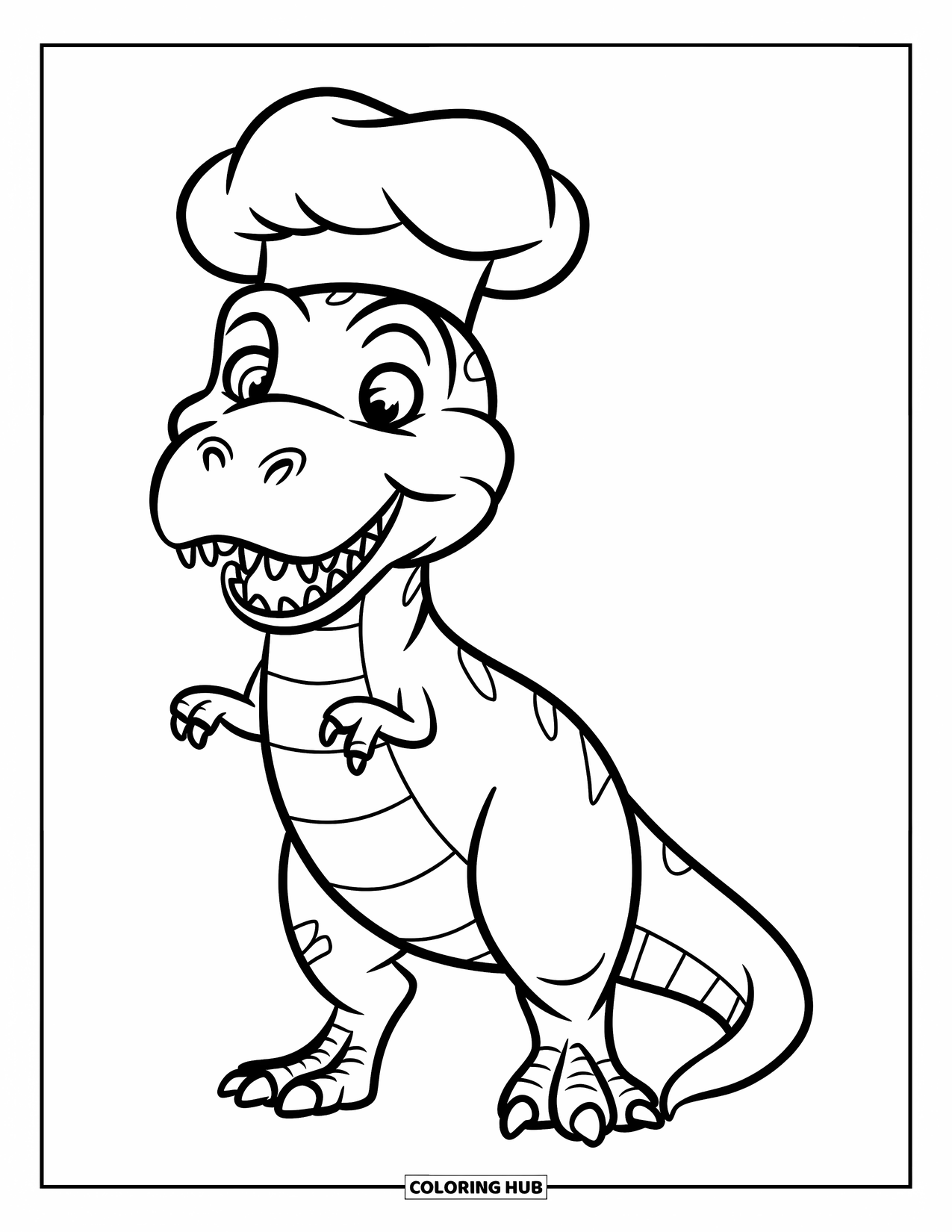 T-Rex Coloring Page for Kids: T-Rex with a chef's hat smiles wide with arms up and a clean background