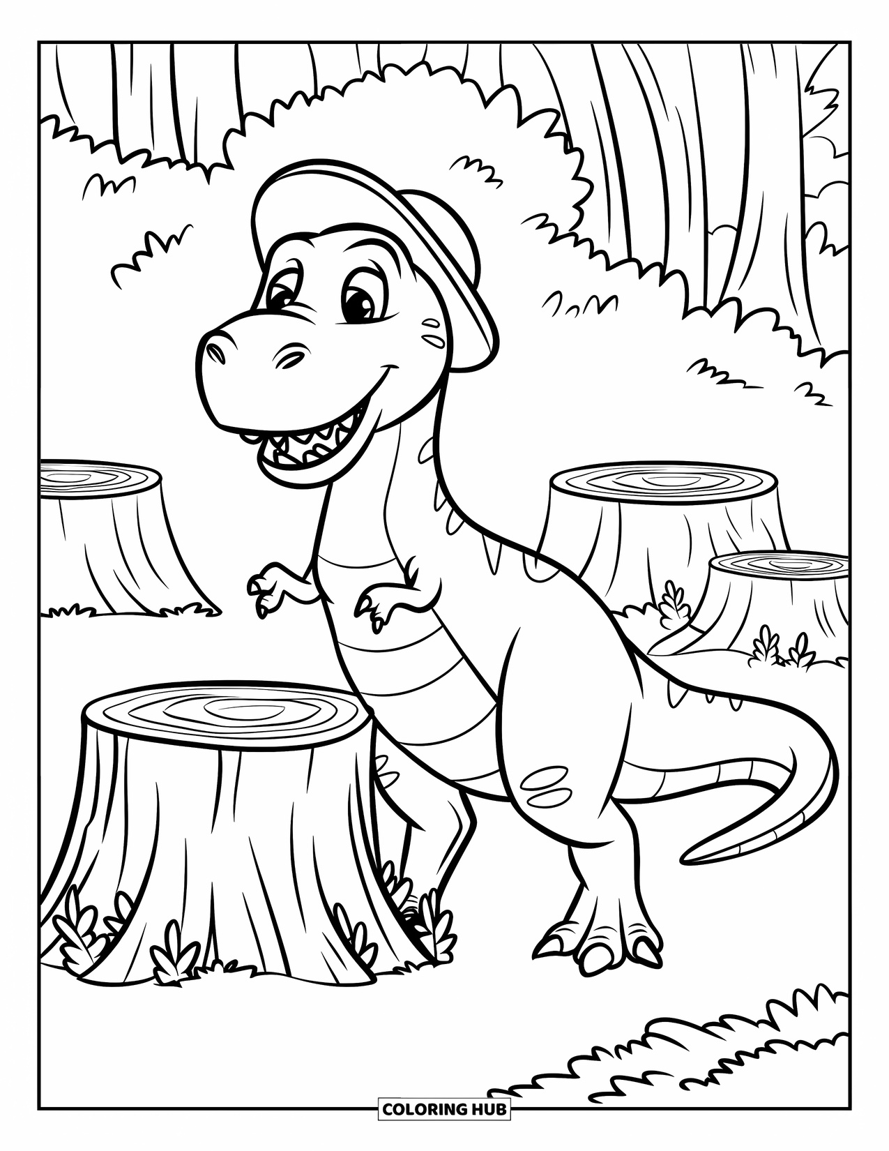 T-Rex Coloring Page for Kids: T-Rex with a hat smiles next to a tree stump in a forest