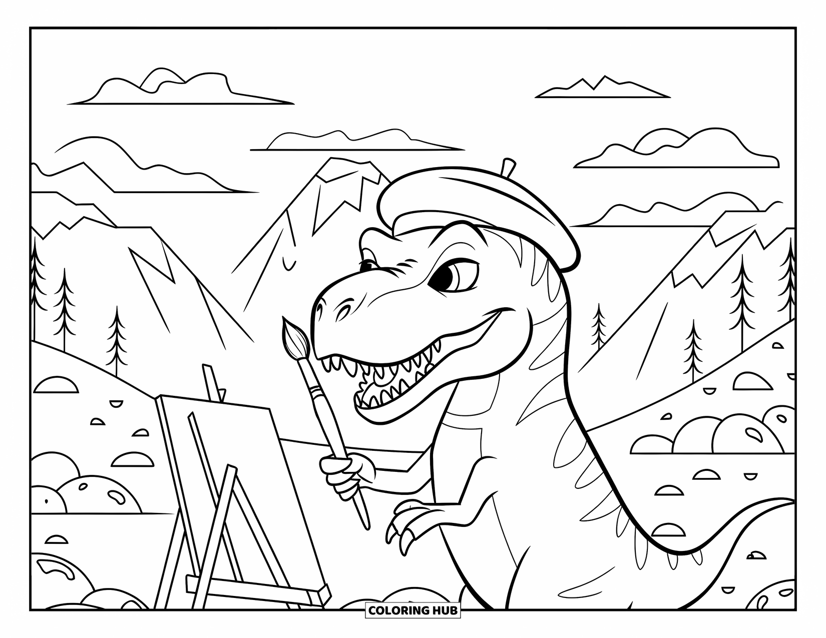 T-Rex Coloring Page for Kids: Wearing a beret, the T-Rex paints at a canvas in a peaceful mountain scene
