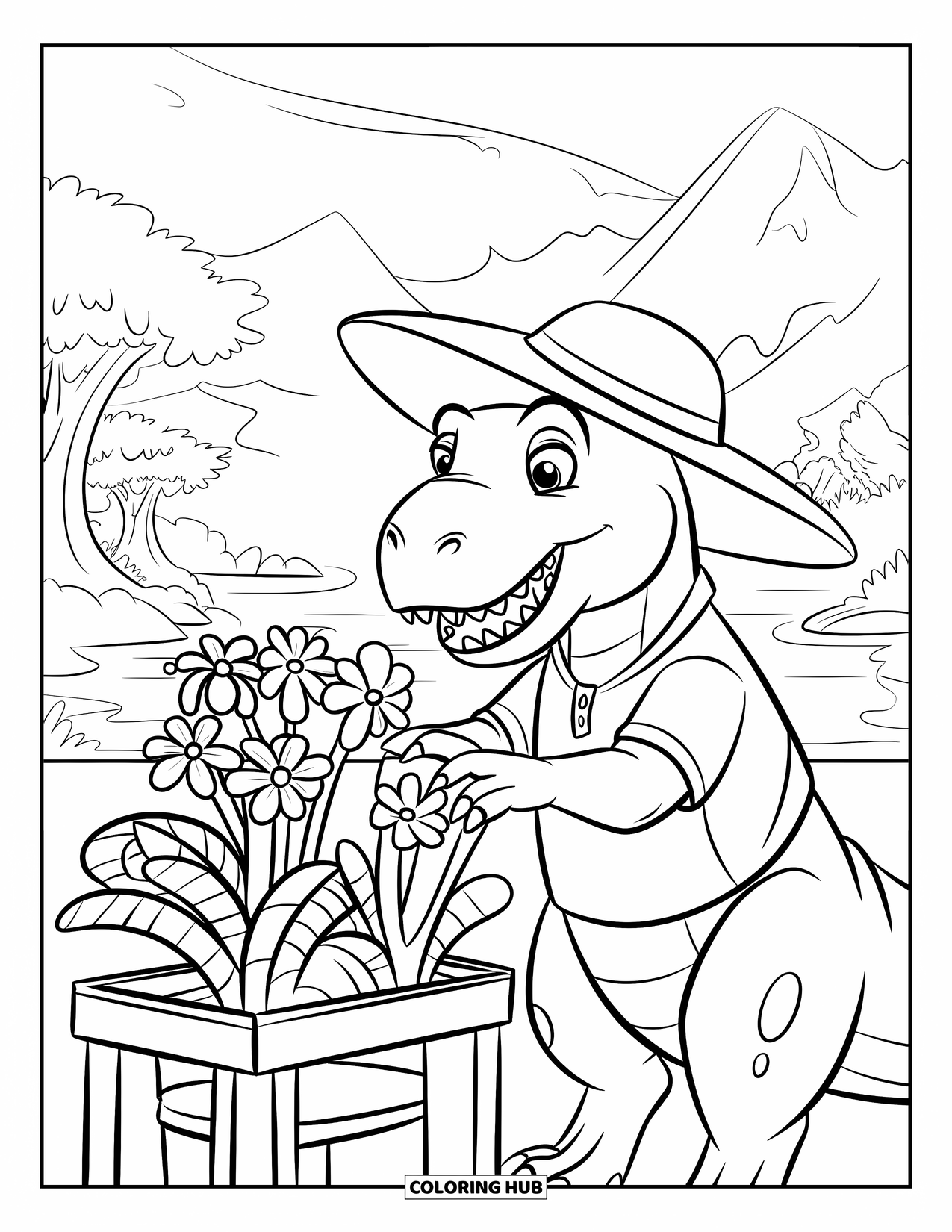 T-Rex Coloring Page for Kids: Wearing a green shirt, T-Rex arranges flowers near water and trees