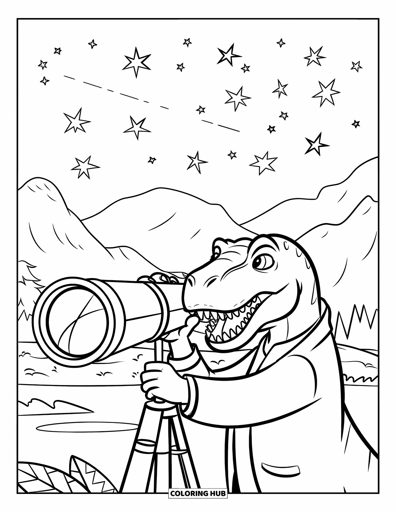 T-Rex Coloring Page for Kids: Wearing a lab coat, the T-Rex stargazes near trees and water