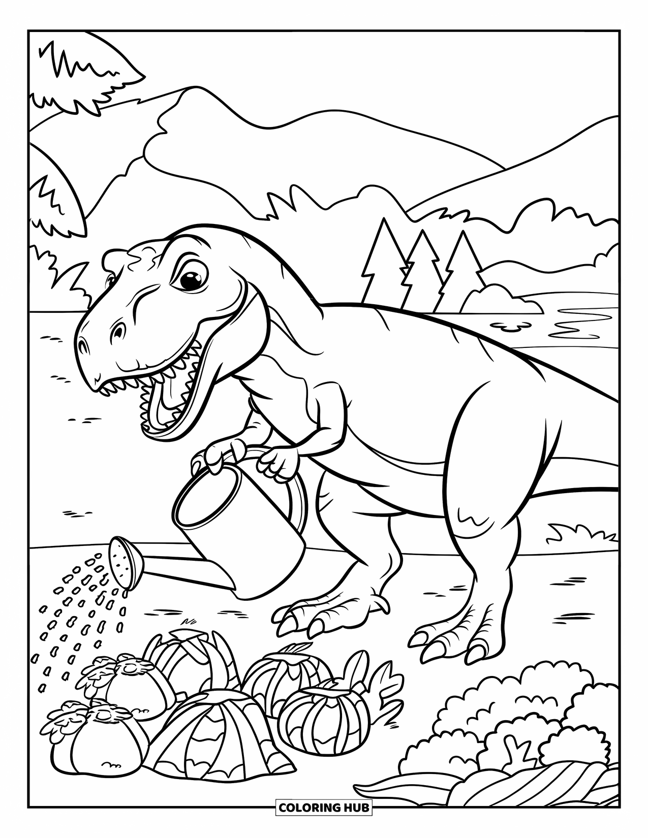 T-Rex Coloring Page for Kids: Wearing a straw hat, the T-Rex waters veggies in a lush landscape