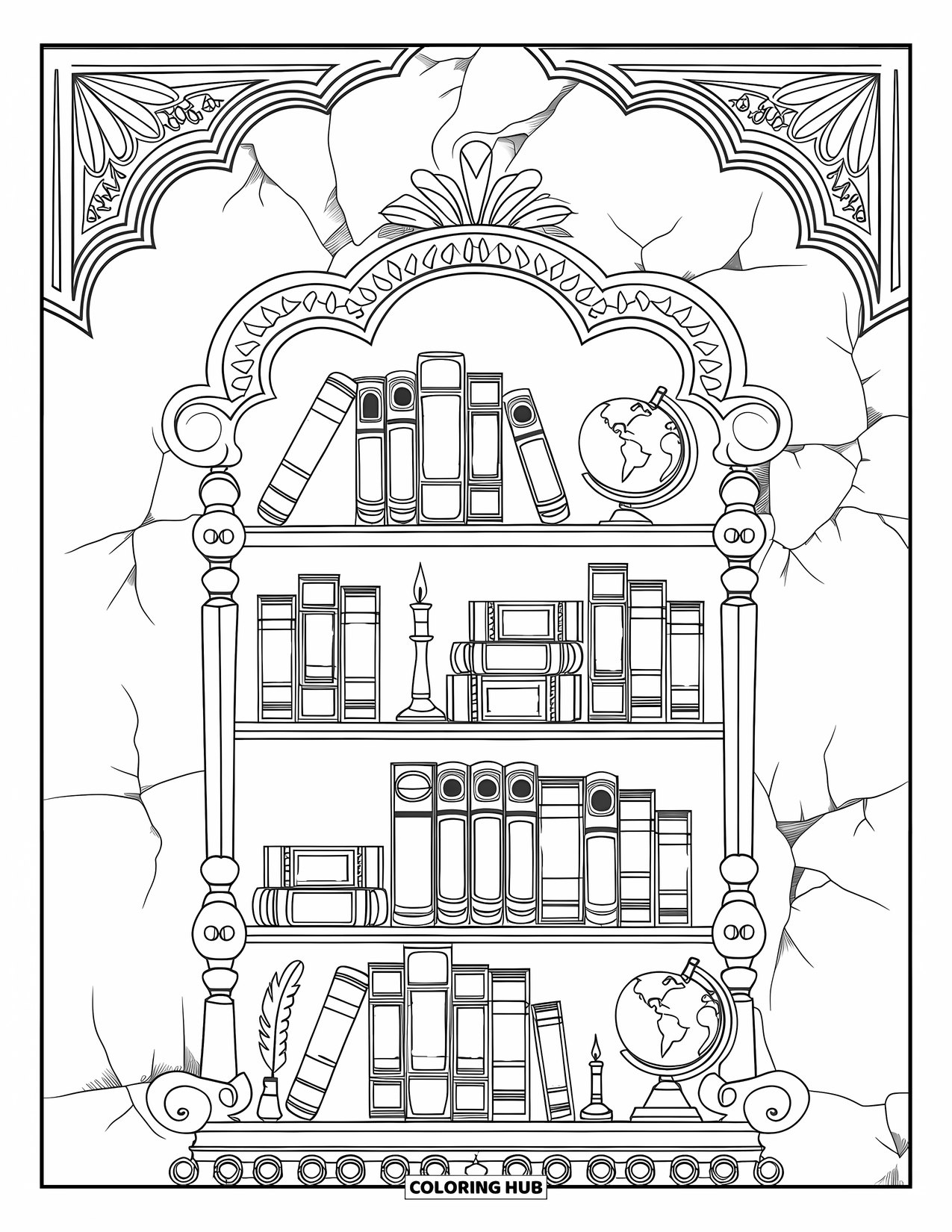 Lehrer Ausmalbild für Erwachsene: Ein Bücherregal enthält beschriftete Bücher und Vintage-Gegenstände wie einen Globus und eine Kerze vor einer dekorierten Wand